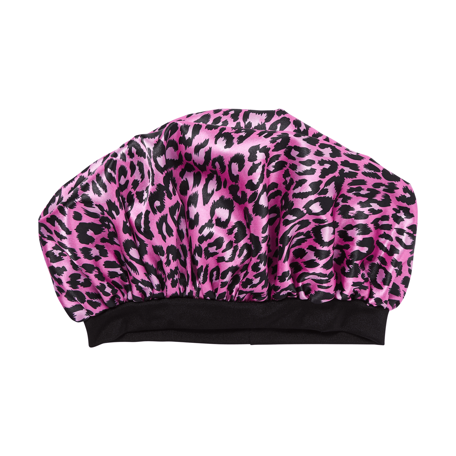 Pink satin shower cap with black leopard print pattern and a black elastic band at the base.