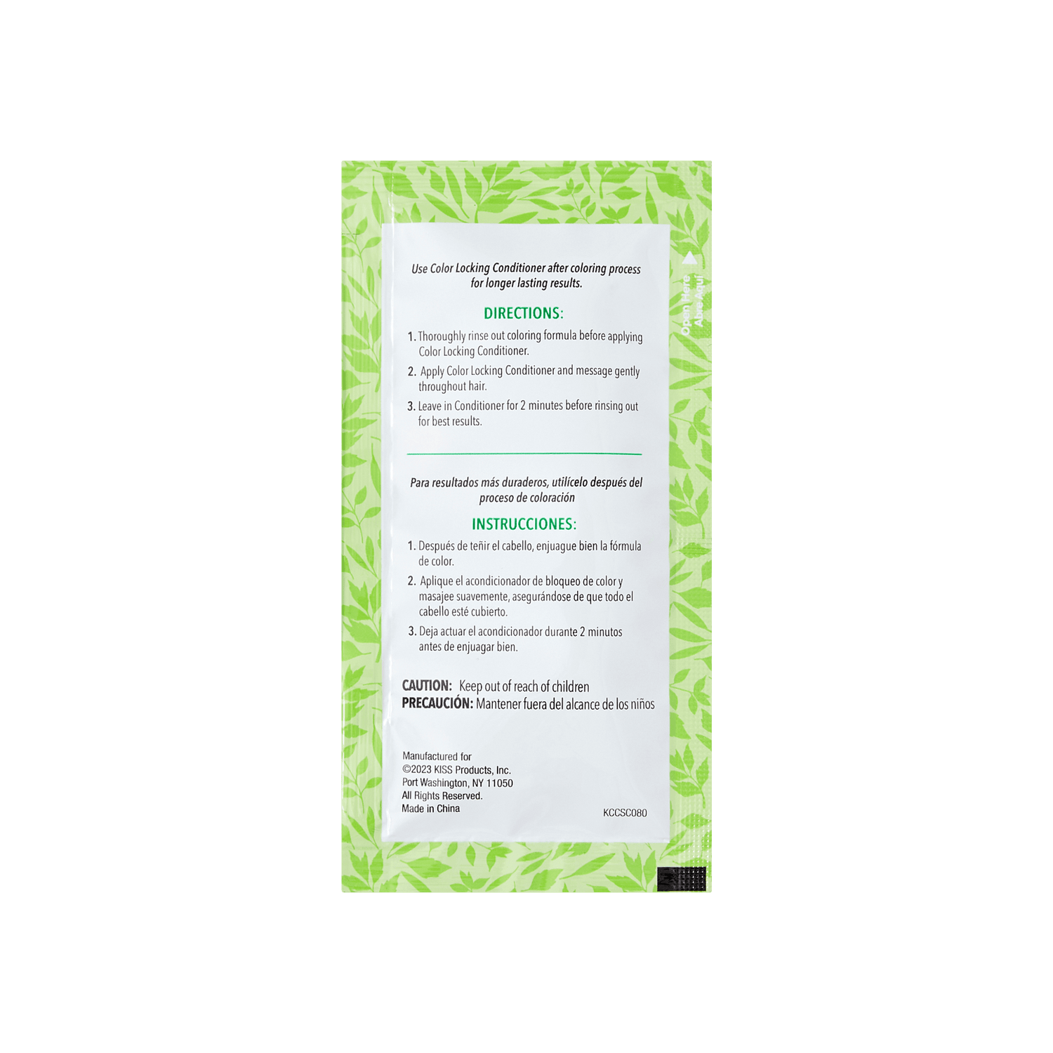 Back of KISS Color Change Permanent Shampoo Dye packet in green leaf pattern, showing bilingual directions to use color locking conditioner for longer-lasting results.