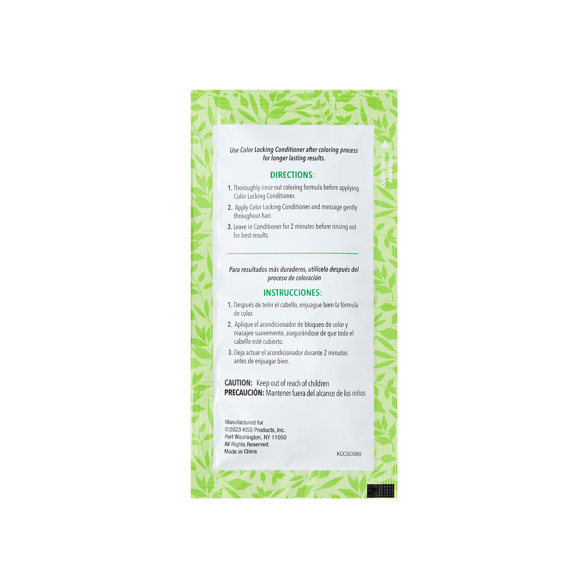 Back of KISS Color Change Permanent Shampoo Dye packet in green leaf pattern, showing bilingual directions to use color locking conditioner for longer-lasting results.