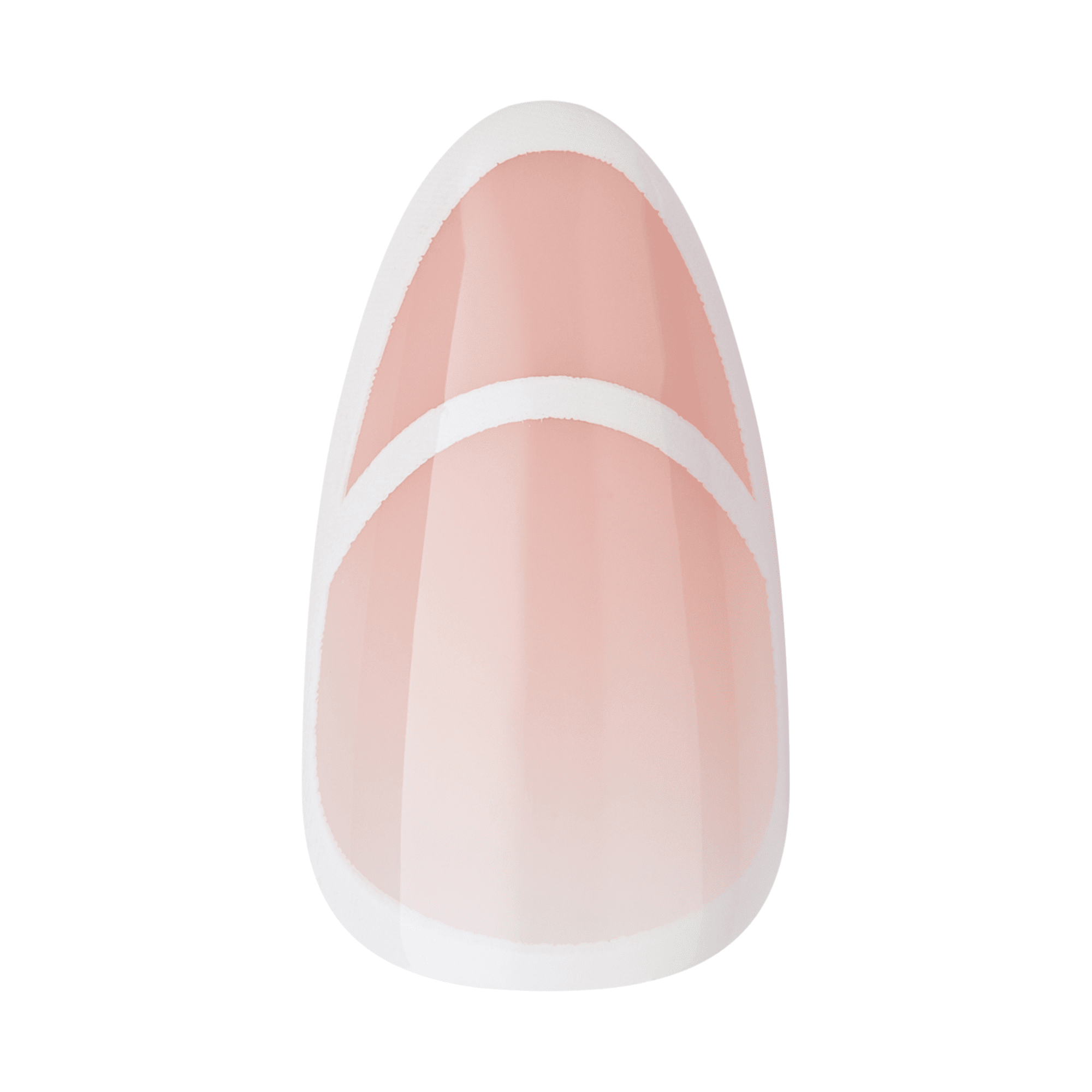 The image shows a single artificial nail with a glossy finish. The nail features a French manicure design with a twist. The base of the nail is a natural pink color, and it has a white tip. Additionally, there is a white curved line running horizontally across the middle of the nail, creating a modern and stylish look. The overall shape of the nail is almond-shaped, tapering to a rounded point at the tip.