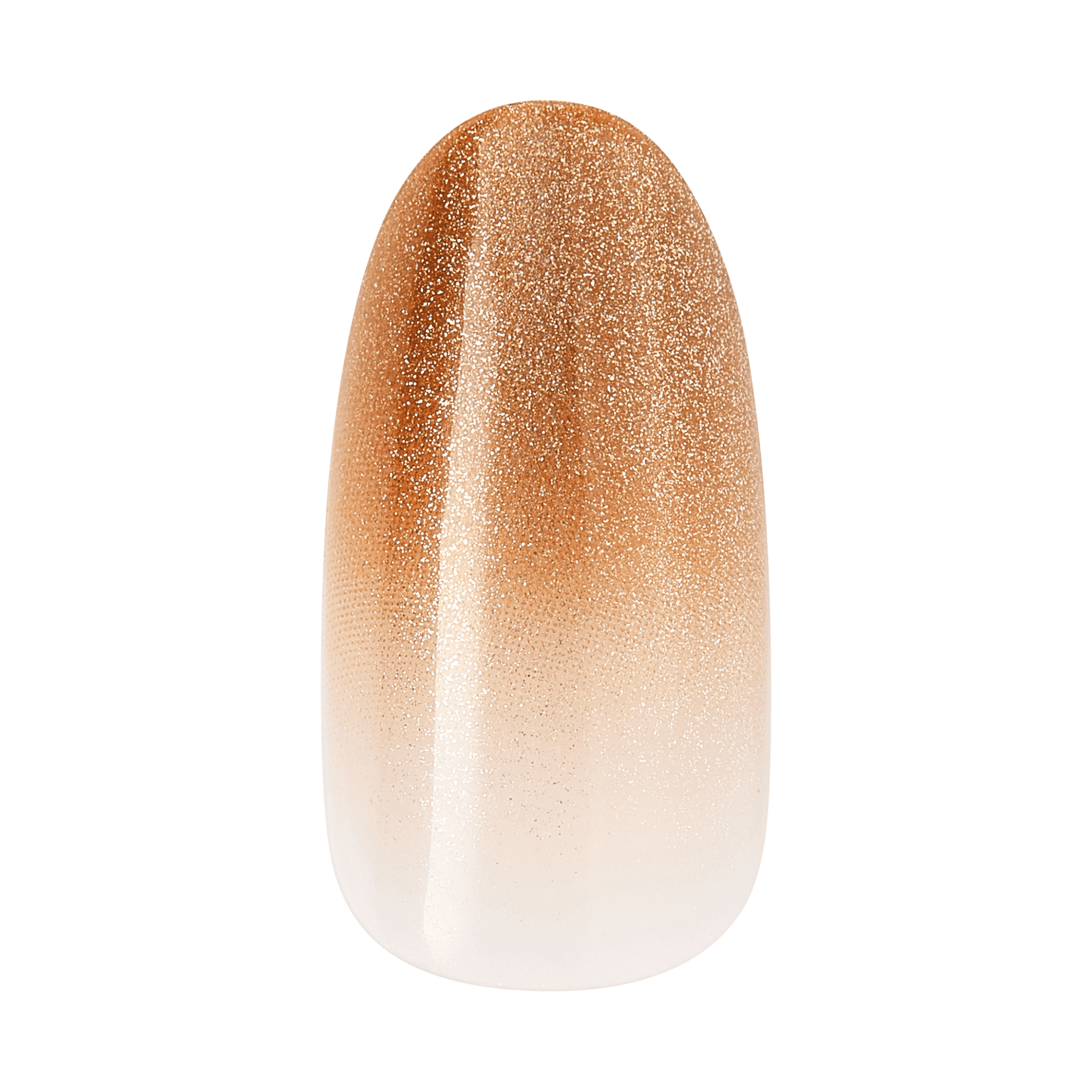 Ombré glitter nail polish swatch transitioning from bronze to nude.