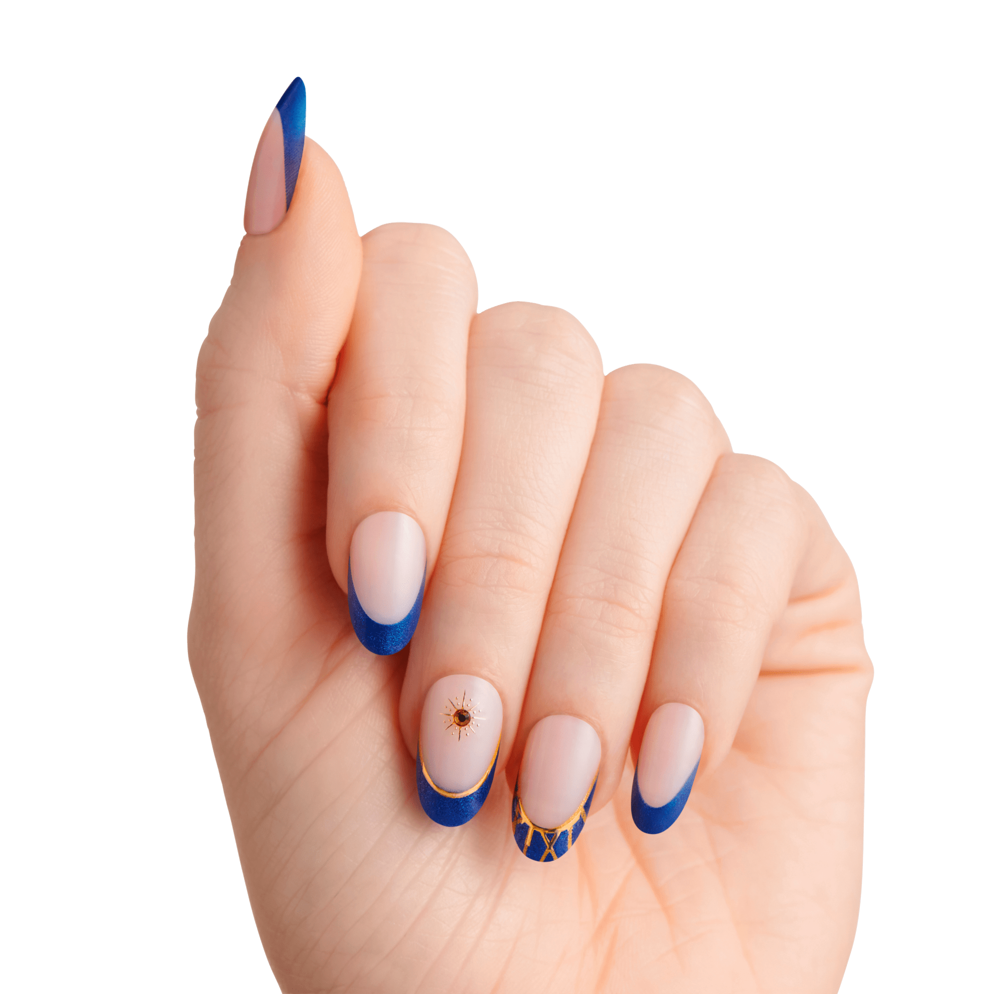 The image features a well-manicured hand displaying elegant nails. The nails are shaped in a stylish almond form and are painted with a light nude base. The tips of the nails are adorned with a striking blue color, creating a chic French tip effect. One of the nails has a unique design, featuring a small golden spider motif and a geometric pattern in blue and gold. The overall look is sophisticated and trendy, perfect for a fashionable statement.