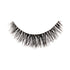 The image shows a single false eyelash. The eyelash is black and features a dense, wispy design with varying lengths of individual lashes, creating a voluminous and natural look. The base of the eyelash strip is slightly curved to fit the natural contour of the eyelid. The lashes are arranged in a way that they appear fuller at the base and taper off towards the tips.