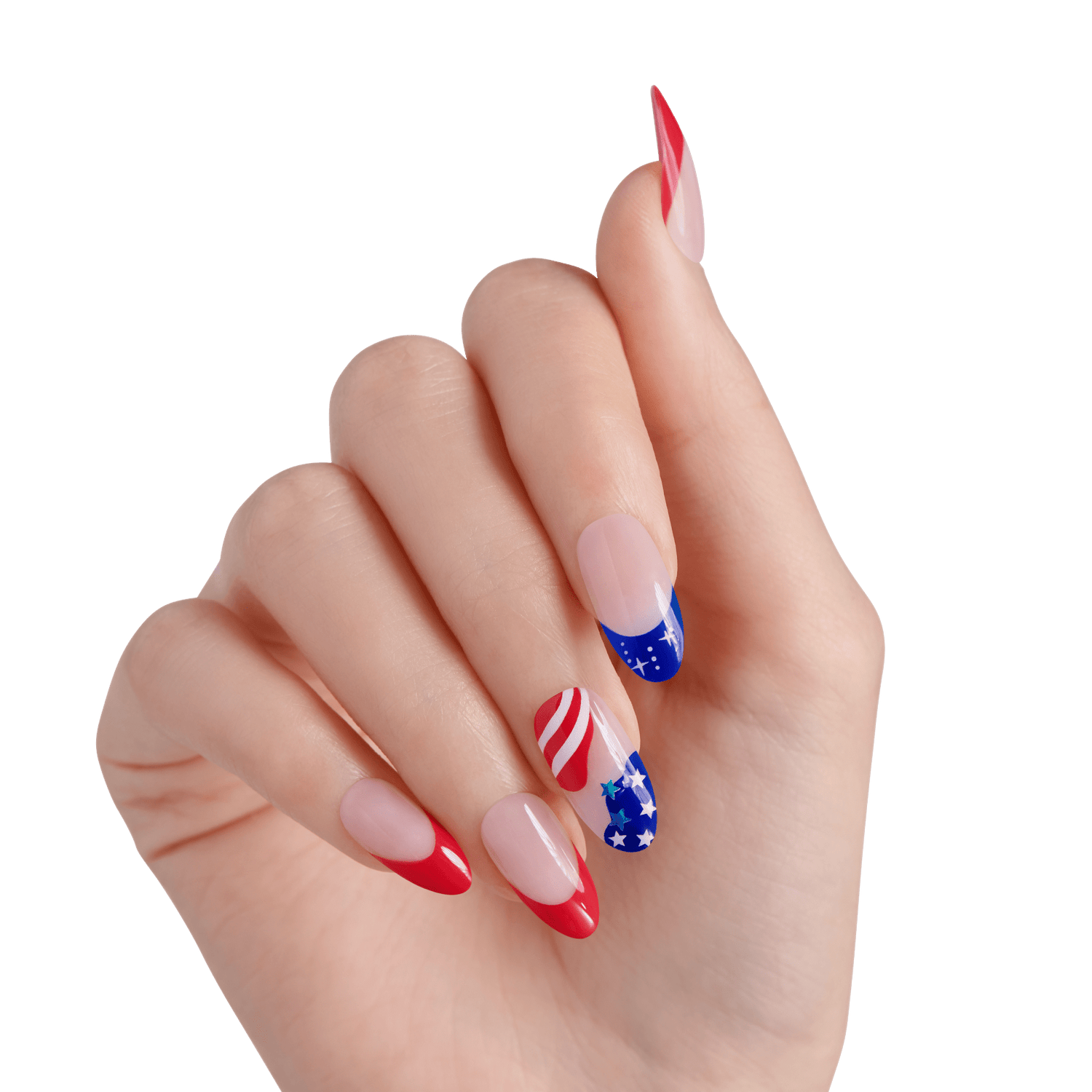 The image features a hand with elegantly manicured nails showcasing a patriotic theme. The nails are shaped in a stylish almond form. Some nails are painted in a vibrant red, while others display a design that incorporates the colors and patterns of the American flag, including stars and stripes. The overall look is festive and celebratory, perfect for occasions like Independence Day. The background is plain, emphasizing the nail art.