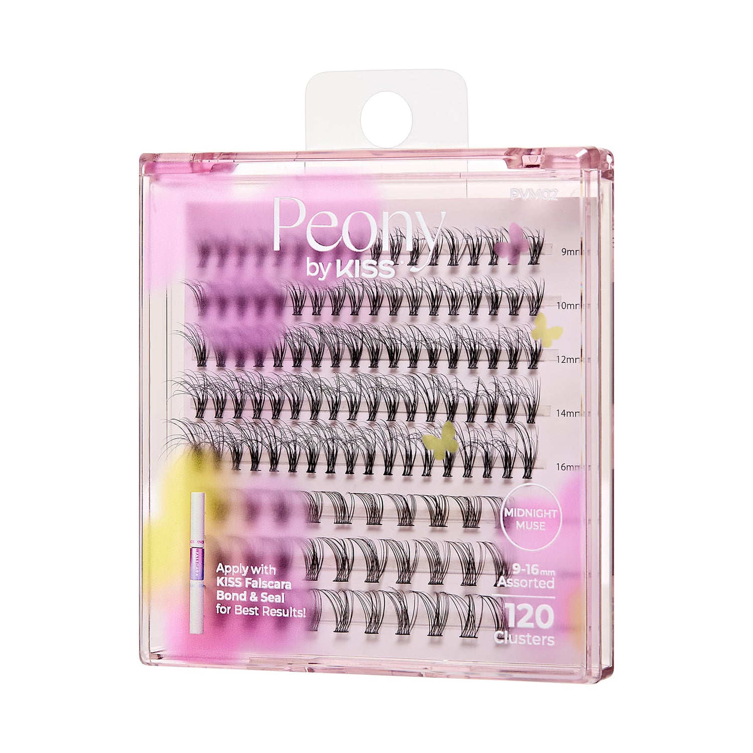 The image features a packaging of false eyelashes from the brand KISS, specifically the "Peony" collection. The box is transparent with a pink hue and contains multiple clusters of eyelashes in varying lengths, ranging from 9mm to 16mm. There are a total of 120 assorted clusters included. The packaging also highlights the application method, suggesting the use of KISS Falscara Bond &amp; Seal for optimal results. The design is visually appealing, aimed at enhancing the beauty of the lashes.