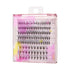 The image features a packaging of false eyelashes from the brand KISS, specifically the "Peony" collection. The box is transparent with a pink hue and contains multiple clusters of eyelashes in varying lengths, ranging from 9mm to 16mm. There are a total of 120 assorted clusters included. The packaging also highlights the application method, suggesting the use of KISS Falscara Bond & Seal for optimal results. The design is visually appealing, aimed at enhancing the beauty of the lashes.
