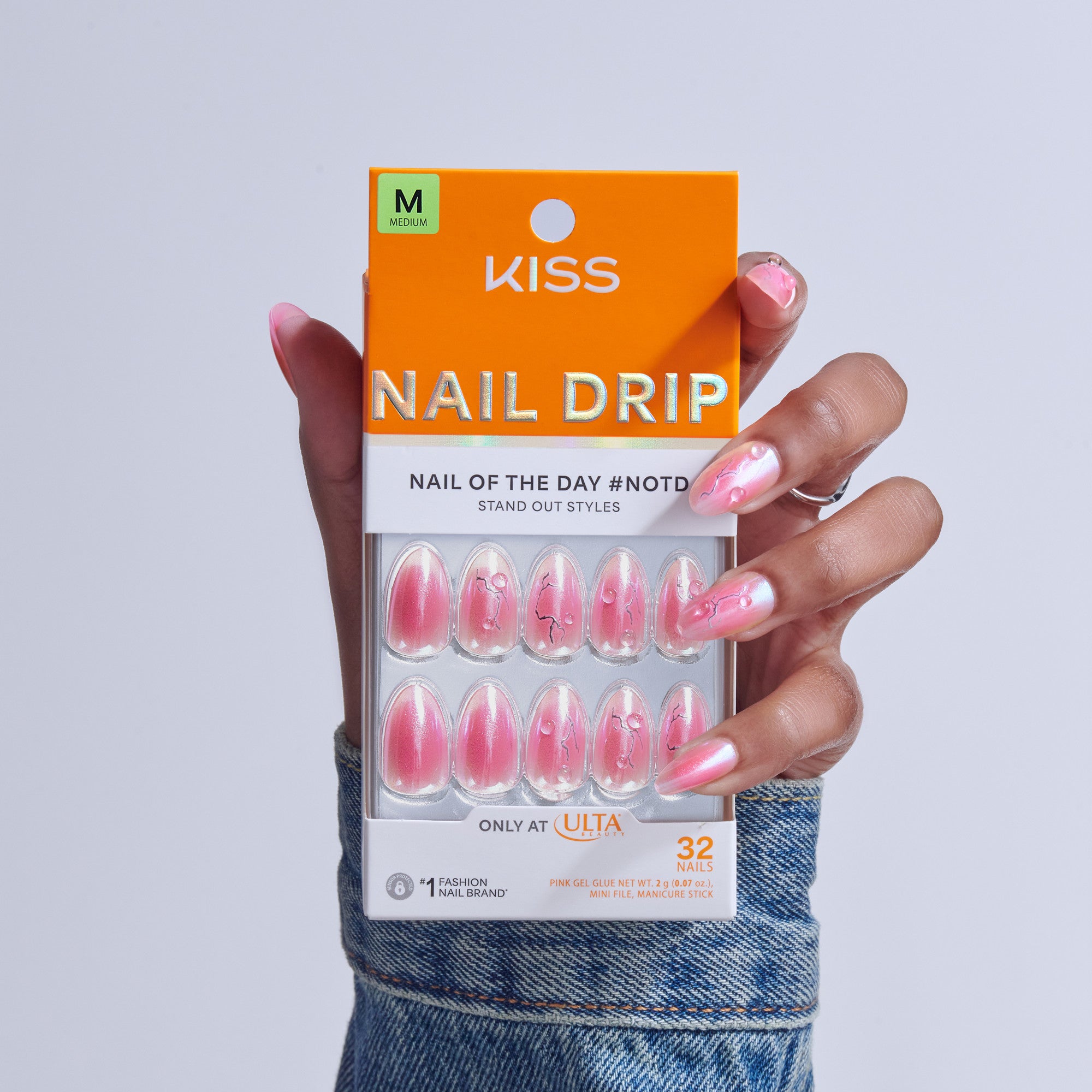 KISS Nail Drip medium pink gel nails with drip design, 32 nails, Ulta exclusive.