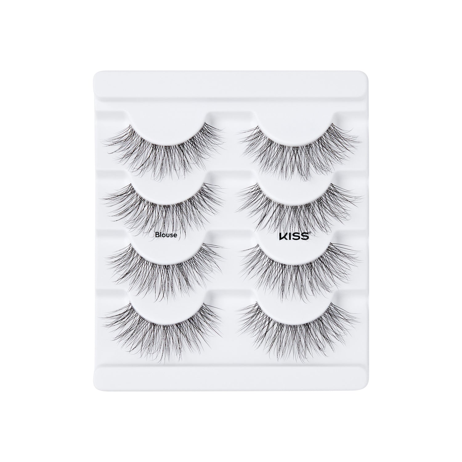 The image shows a white plastic tray containing three pairs of false eyelashes. Each pair is neatly arranged in its own compartment. The eyelashes are long, voluminous, and have a natural, wispy appearance. The tray is labeled with the brand name "KISS" and the style name "Blouse." The overall presentation is clean and organized, highlighting the product&