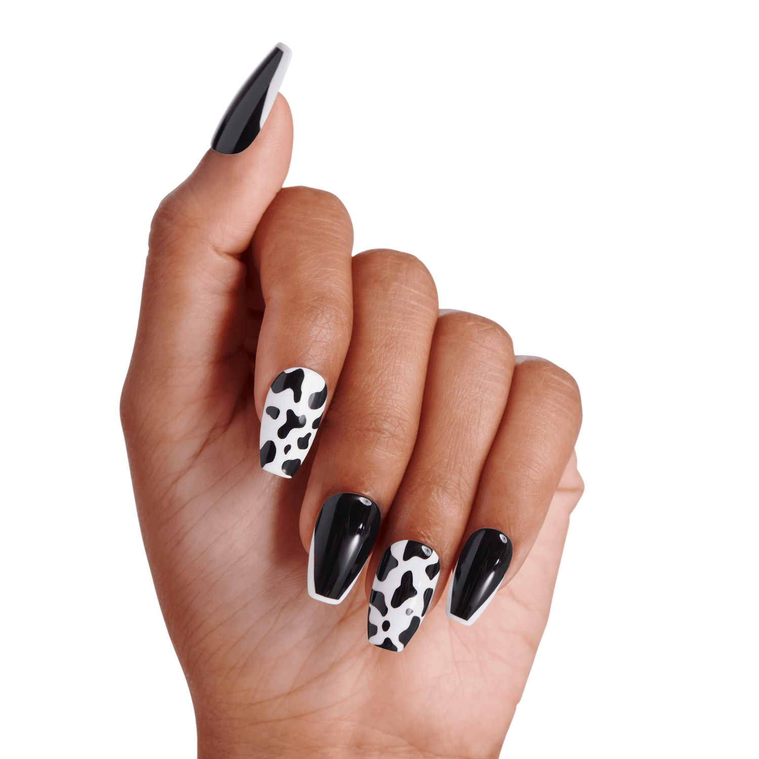 The image features a hand with stylishly manicured nails. The nails are a mix of black and white designs, with some nails painted solid black and others featuring a cow print pattern in black and white. The nails are long and have a sharp, pointed shape, adding a bold and trendy look to the overall appearance. The hand is positioned elegantly, showcasing the unique nail art against a plain white background.