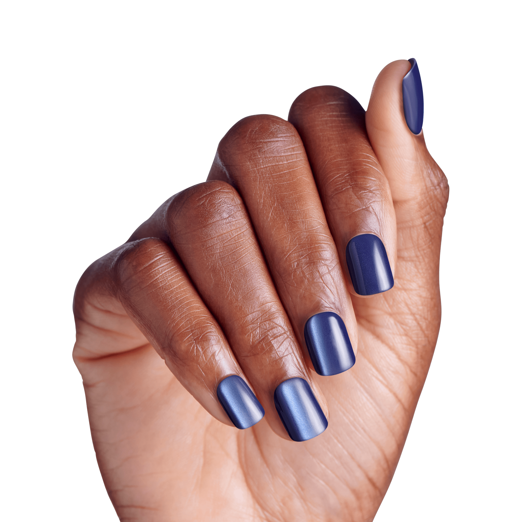 Hand with dark blue metallic nail polish on manicured nails against white background.