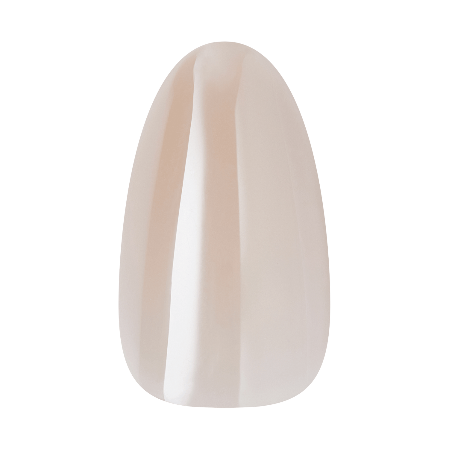 Teardrop-shaped nail with nude base and white vertical stripe down center
