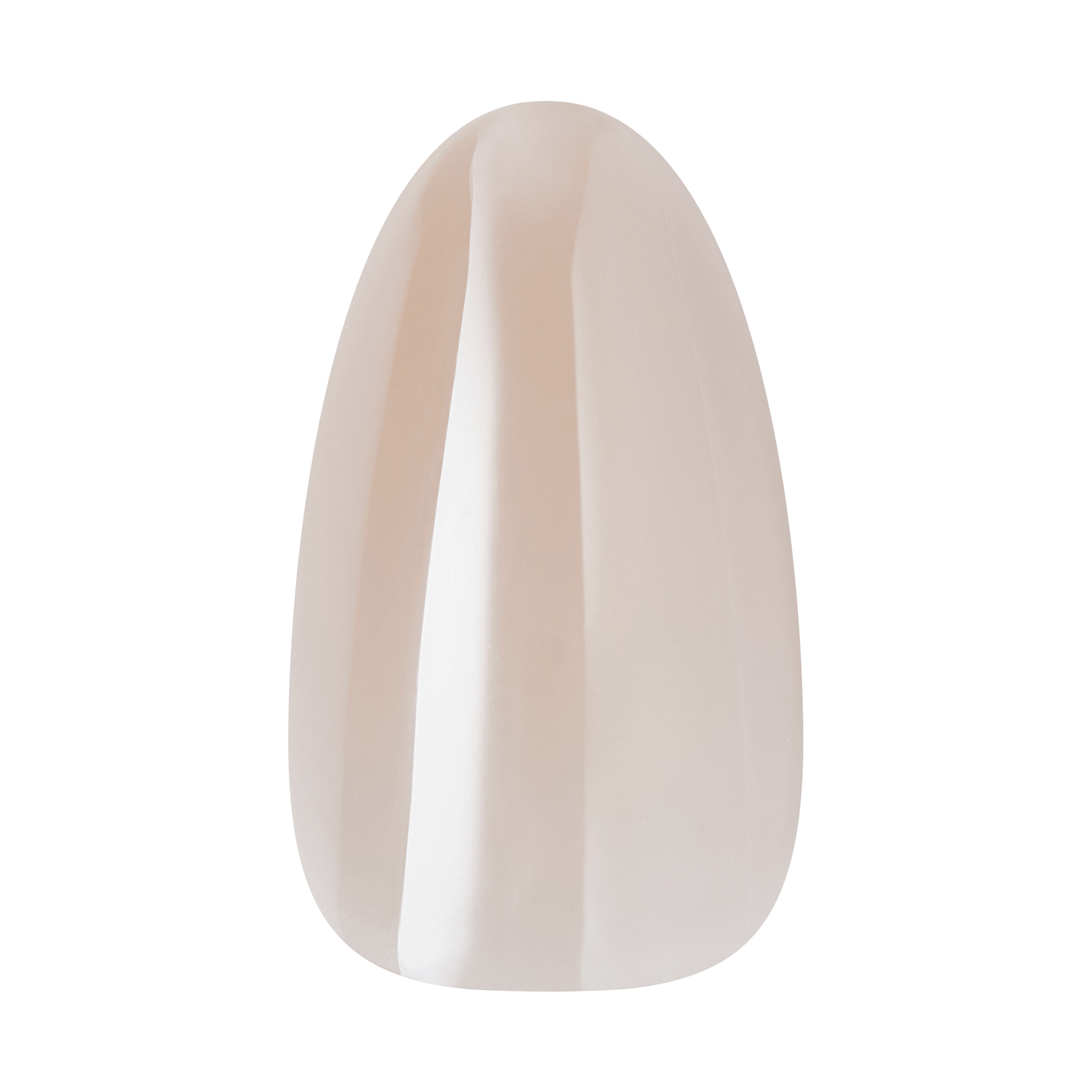 Teardrop-shaped nail with nude base and white vertical stripe down center