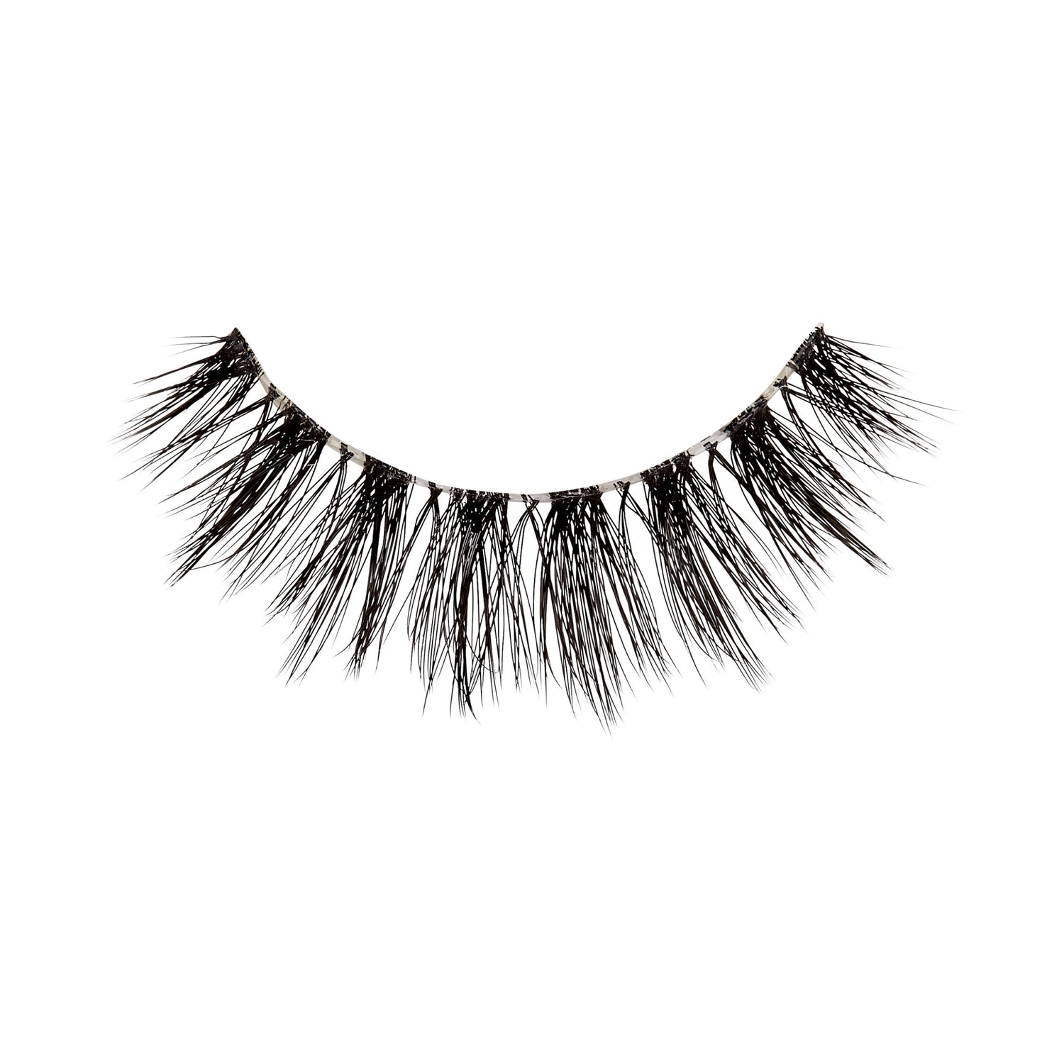 The image shows a single strip of false eyelashes. The eyelashes are black and have a voluminous, wispy appearance with varying lengths, creating a natural yet dramatic look. The strip is curved to fit the natural shape of the eyelid. The lashes are densely packed, giving them a full and fluttery effect.
