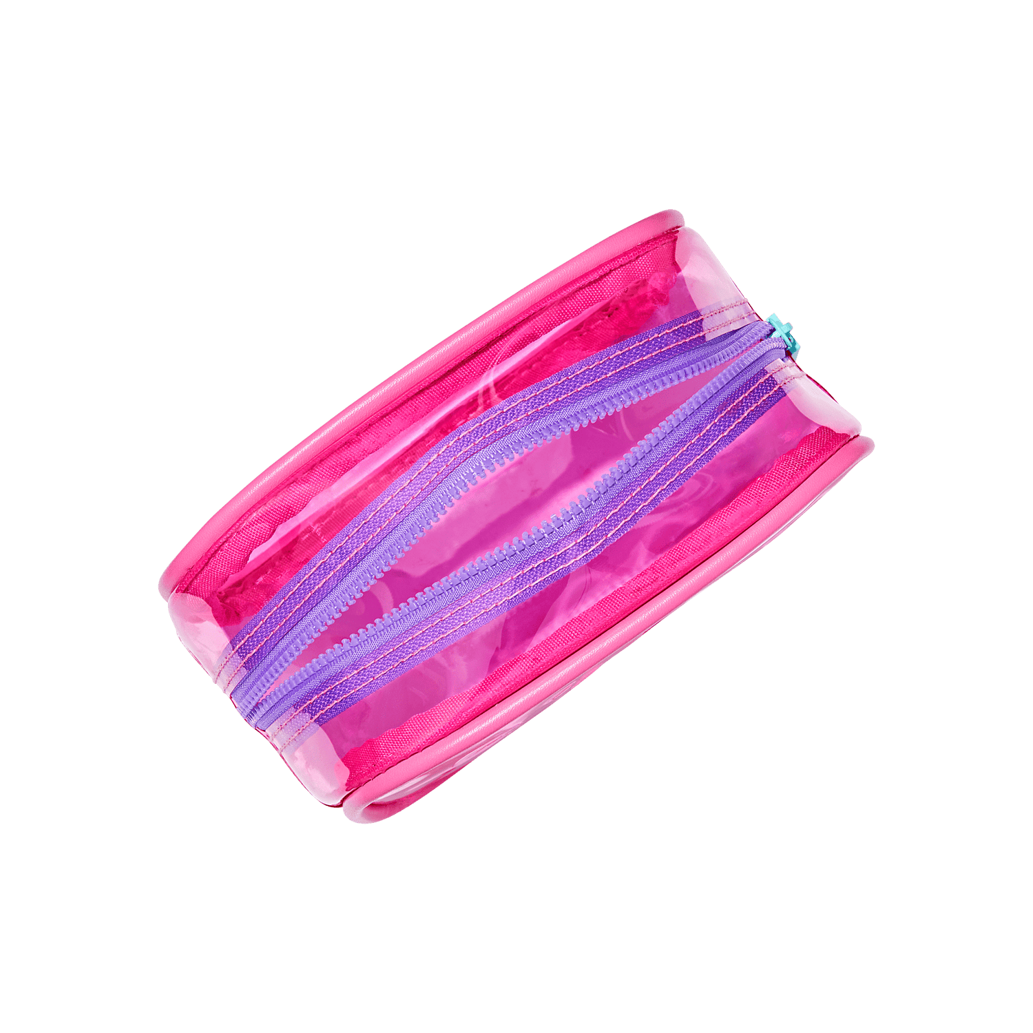 Pink pencil case with multiple zippered compartments in varying shades of pink and purple.