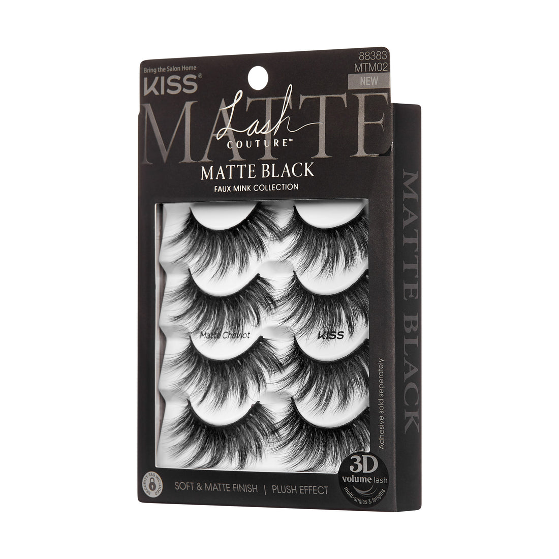 The image shows a package of KISS Lash Couture Matte Black false eyelashes. The packaging is predominantly black with white text. The product is described as part of the "Faux Mink Collection" and features "Matte Black" lashes. The package contains multiple pairs of voluminous, soft, and matte finish lashes, designed to provide a plush effect. The product is labeled as "3D Volume Lash" and has the product code 88383 MTM02. The packaging also includes the tagline "Bring the Salon Home.