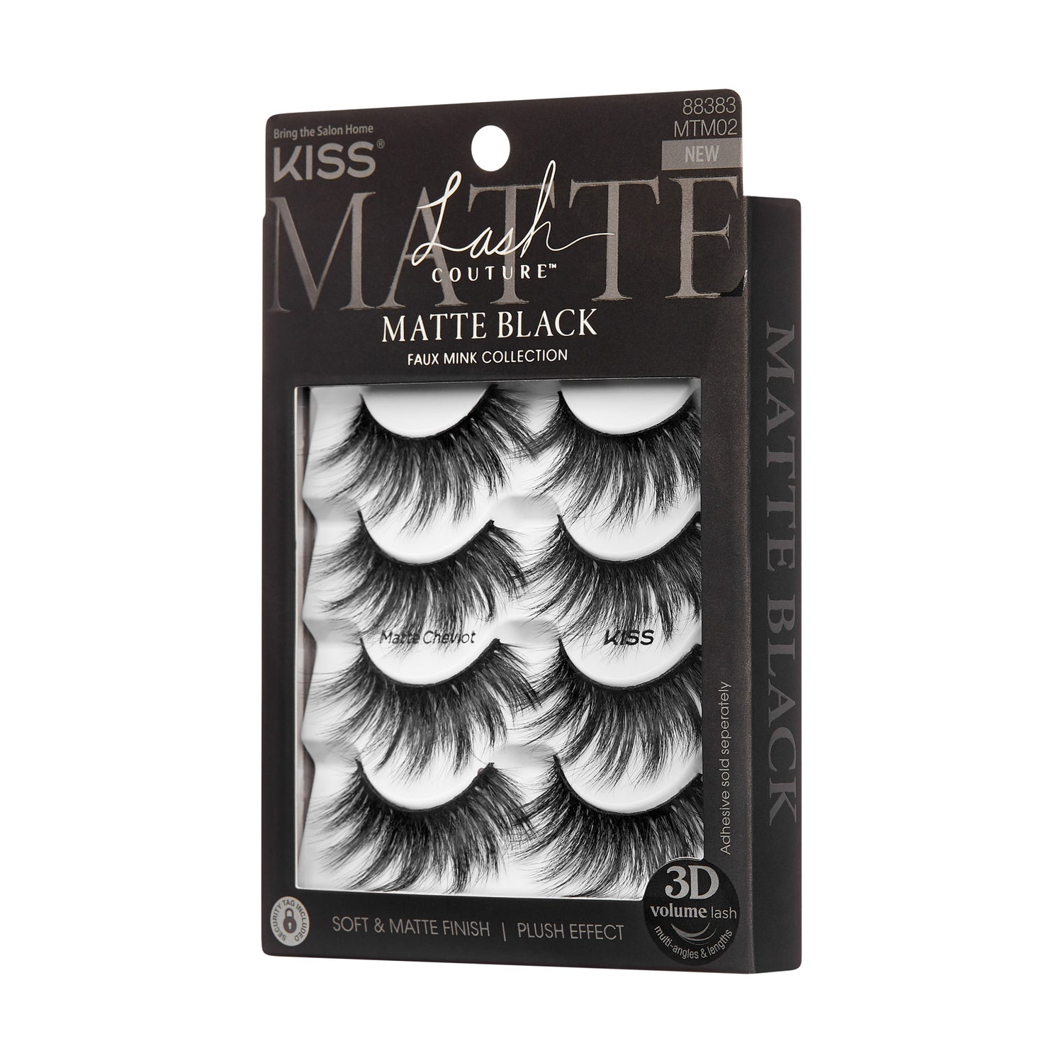 The image shows a package of KISS Lash Couture Matte Black false eyelashes. The packaging is predominantly black with white text. The product is described as part of the "Faux Mink Collection" and features "Matte Black" lashes. The package contains multiple pairs of voluminous, soft, and matte finish lashes, designed to provide a plush effect. The product is labeled as "3D Volume Lash" and has the product code 88383 MTM02. The packaging also includes the tagline "Bring the Salon Home.