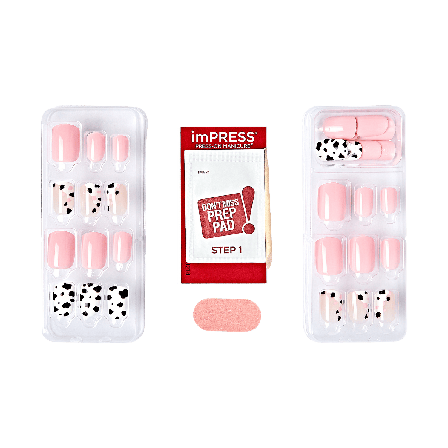 imPRESS Press-On Manicure set with pink and black dalmatian spotted nail designs and prep pad.
