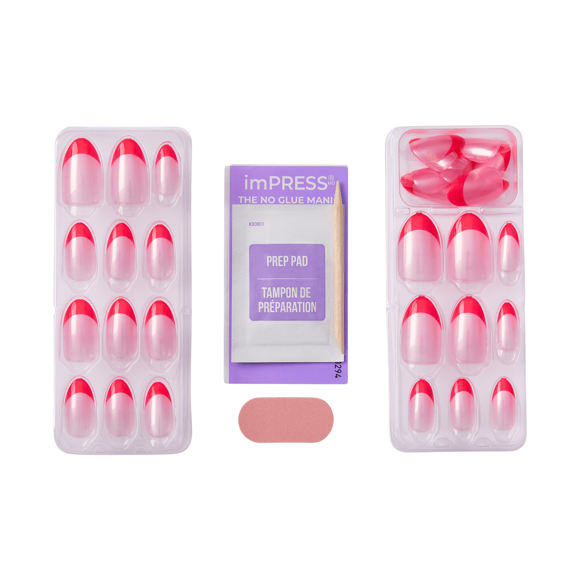 The image features a set of artificial nails from the brand imPRESS, designed for easy application without glue. The package includes two trays of press-on nails, showcasing a variety of styles with a clear base and vibrant pink tips. In the center, there is a prep pad for nail preparation, and a small pink adhesive tab is also visible. The overall presentation emphasizes convenience and a stylish manicure option.