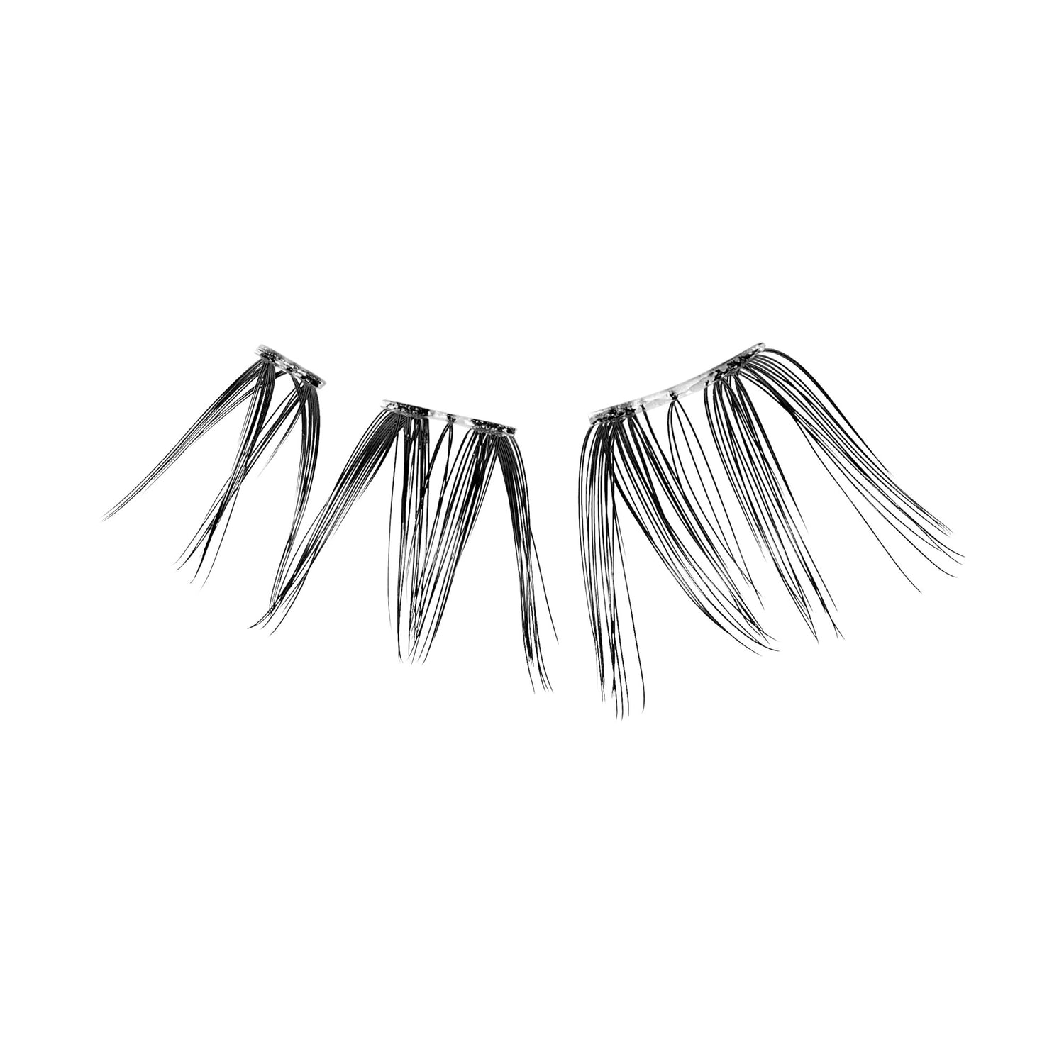 The image features a pair of false eyelashes. They are designed with multiple long, thin strands that create a dramatic effect. The lashes are black and have a feathery appearance, with varying lengths to enhance the look of the eyes. The base of the lashes is likely adhesive, allowing them to be easily applied to the eyelids for a glamorous look.
