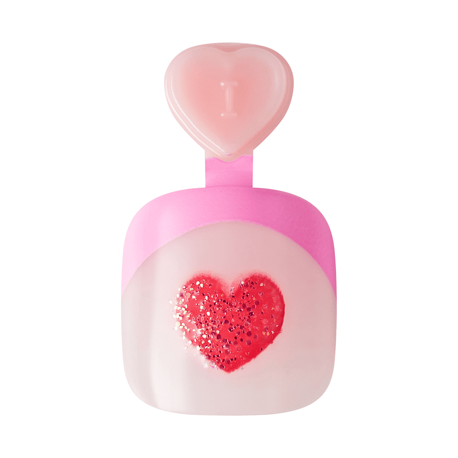 The image features a bottle of perfume with a playful and whimsical design. The bottle is predominantly pink and has a rounded shape. At the center, there is a heart design in a vibrant red color, embellished with glitter. The cap of the bottle is shaped like a heart and is a lighter pink, adding to the overall charming aesthetic. The combination of colors and the heart motif suggests a youthful and romantic theme.