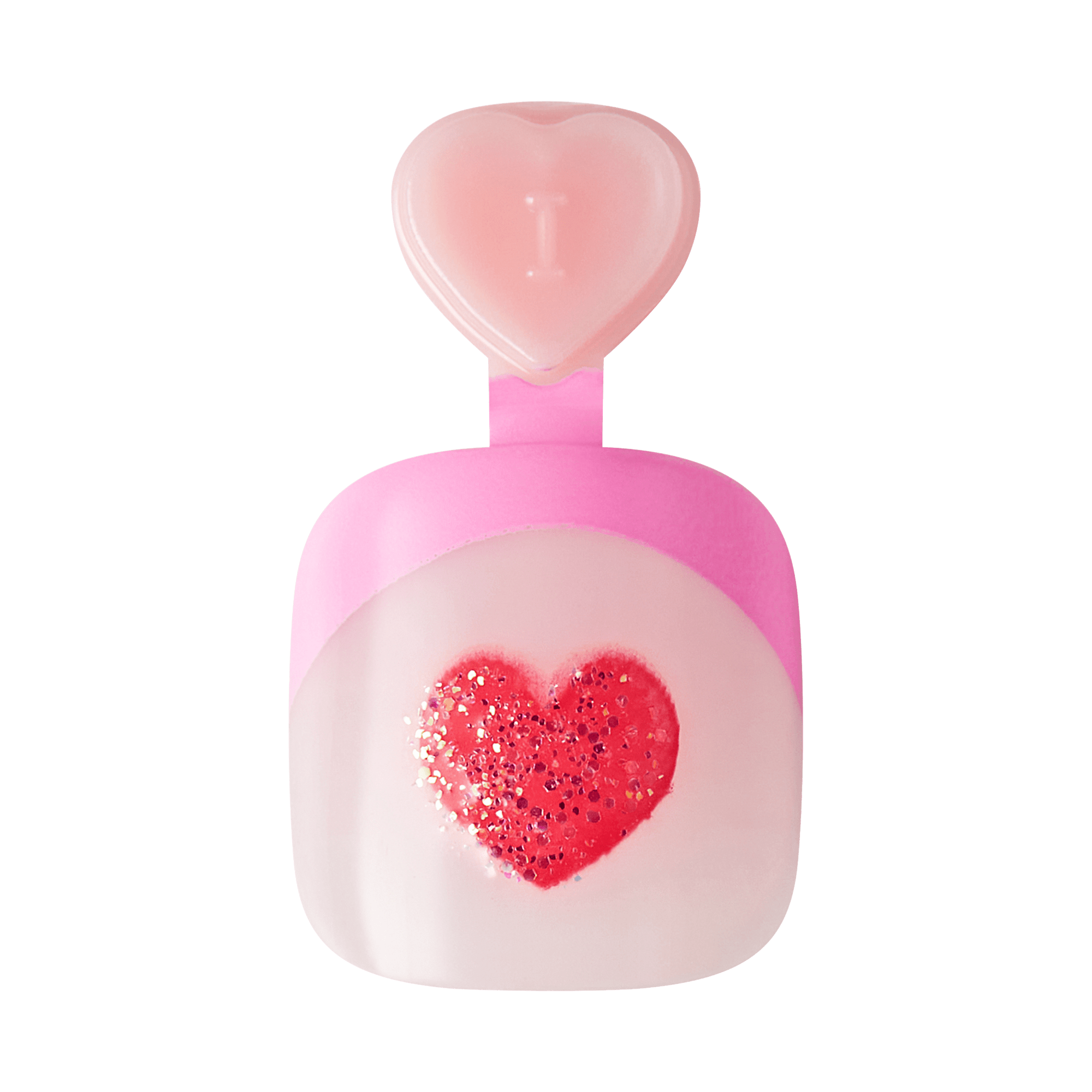 The image features a bottle of perfume with a playful and whimsical design. The bottle is predominantly pink and has a rounded shape. At the center, there is a heart design in a vibrant red color, embellished with glitter. The cap of the bottle is shaped like a heart and is a lighter pink, adding to the overall charming aesthetic. The combination of colors and the heart motif suggests a youthful and romantic theme.