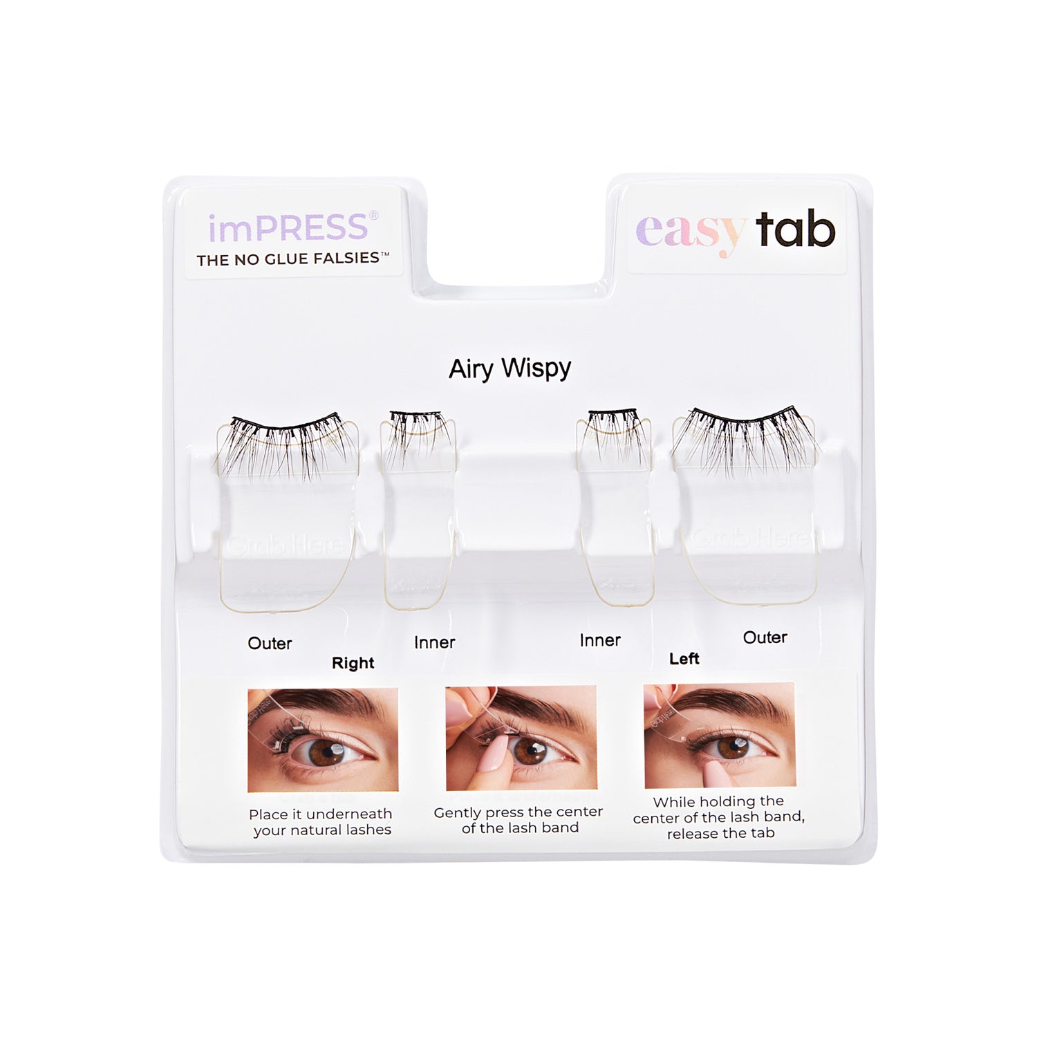 imPRESS Easy Tab Airy Wispy false lashes with application instructions and eye placement diagrams.