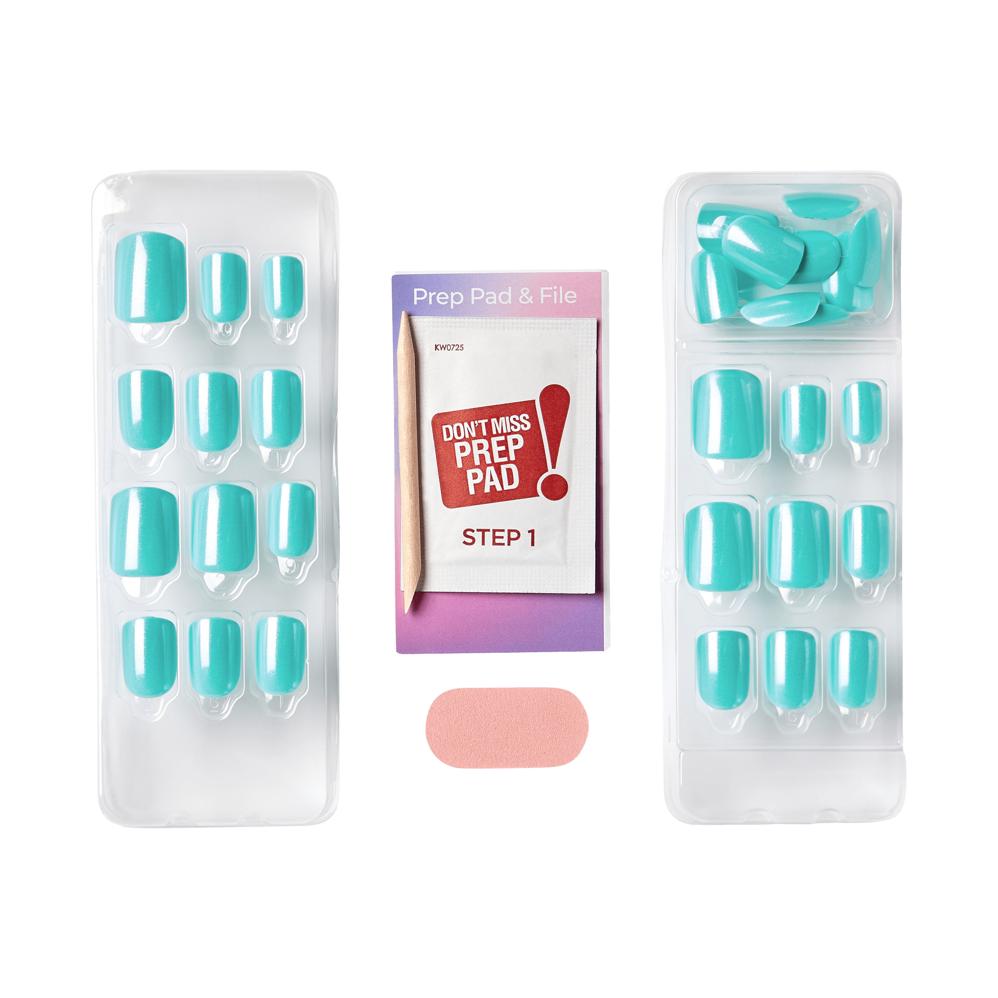 The image shows a set of artificial nails and nail preparation tools. There are two plastic trays, each containing a set of turquoise-colored artificial nails in various sizes. Between the trays, there is a small box labeled "Prep Pad &amp; File" with the text "Don&