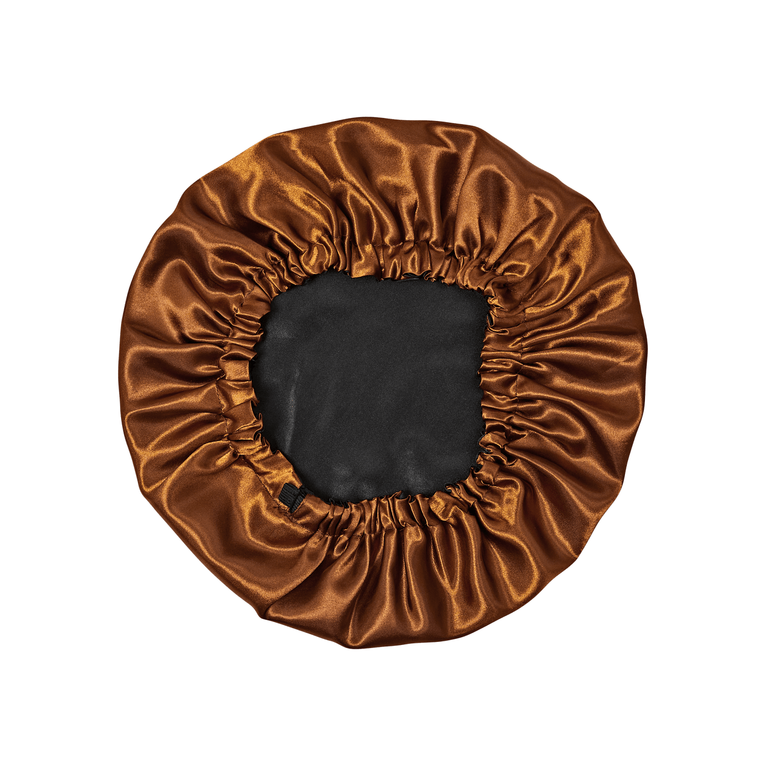 Bronze satin bonnet with black lining and elastic gathering around edges