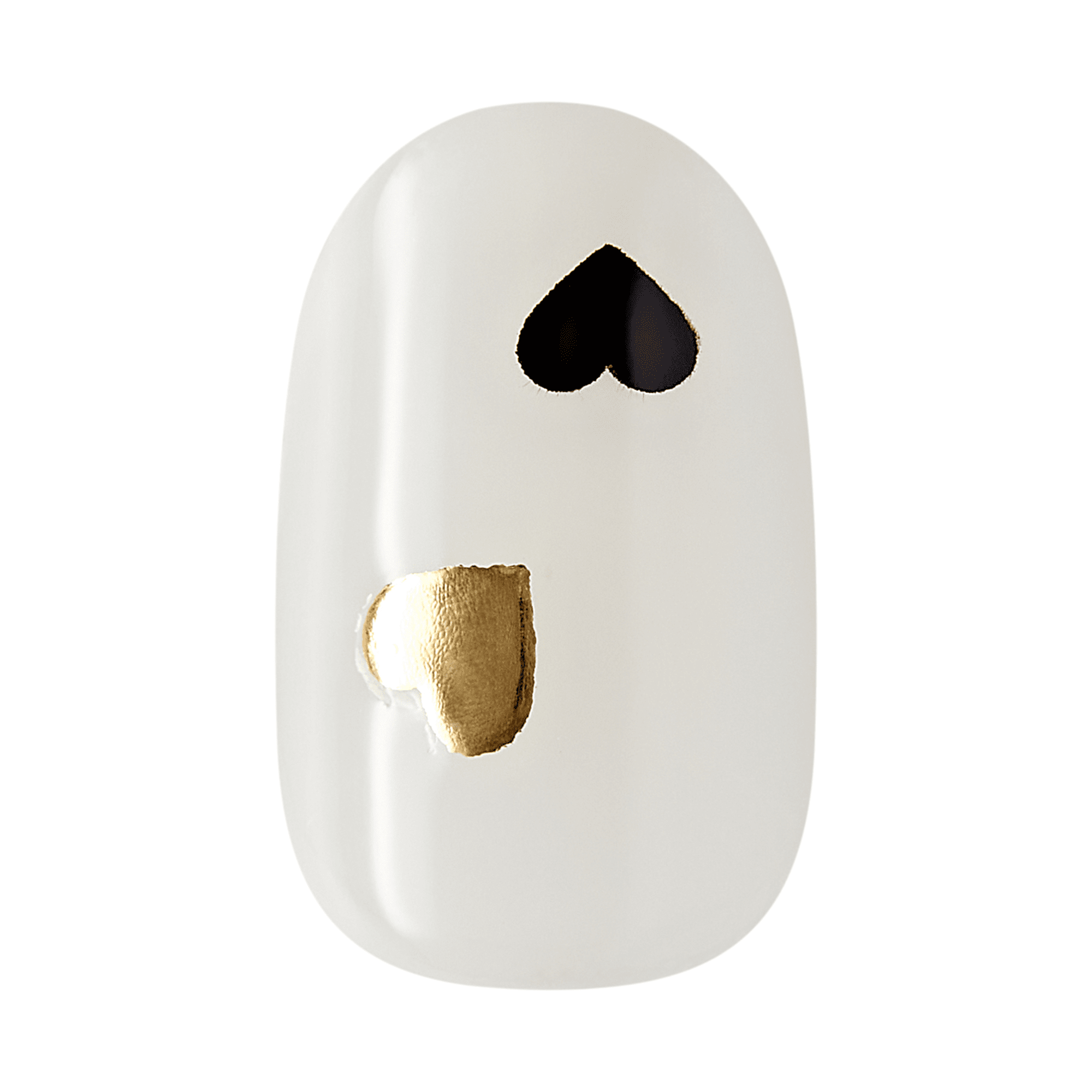 The image features a nail design on a smooth, oval-shaped nail. The base color is a glossy white, and it showcases two heart shapes. One heart is painted in a shiny black, while the other is a metallic gold. The overall look is modern and playful, combining a minimalist aesthetic with a touch of elegance.