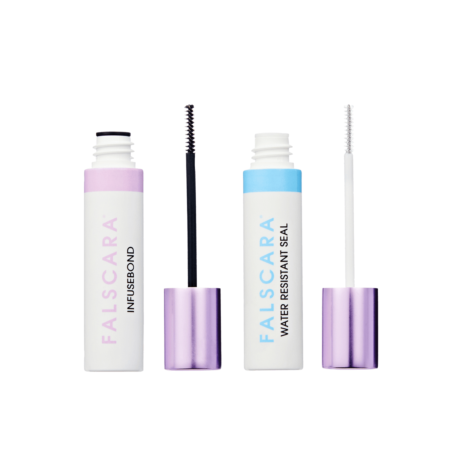 Two open KISS FALSCARA tubes with brushes: one labeled InfuseBond with a black brush and lavender cap, the other Water Resistant Seal with a white brush and lavender cap.