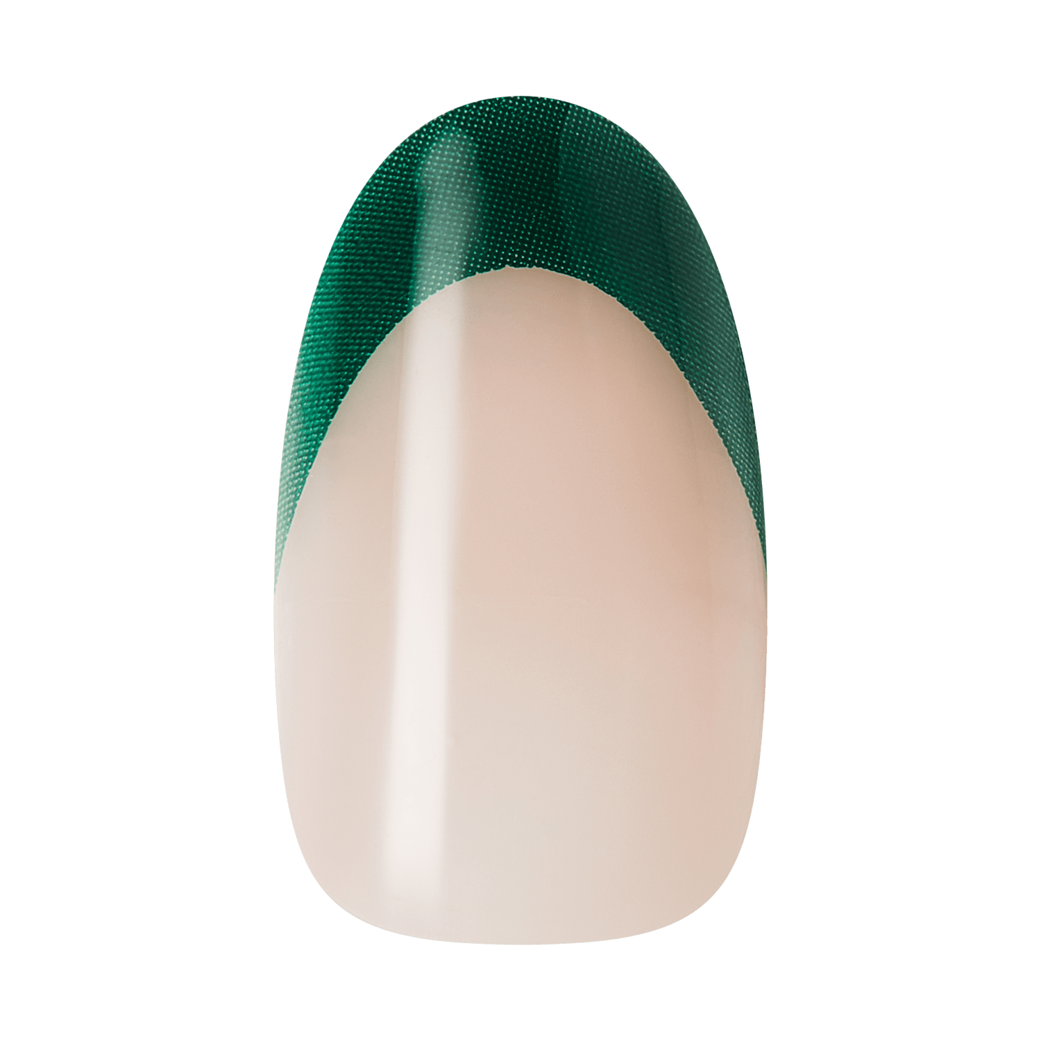 The image features a nail design showcasing a French manicure style. The nail is primarily a natural, nude color, with a bold green tip that forms a smooth, curved line across the top. The green section has a textured appearance, adding a modern twist to the classic French manicure. The overall look is stylish and eye-catching, perfect for a trendy nail art design.