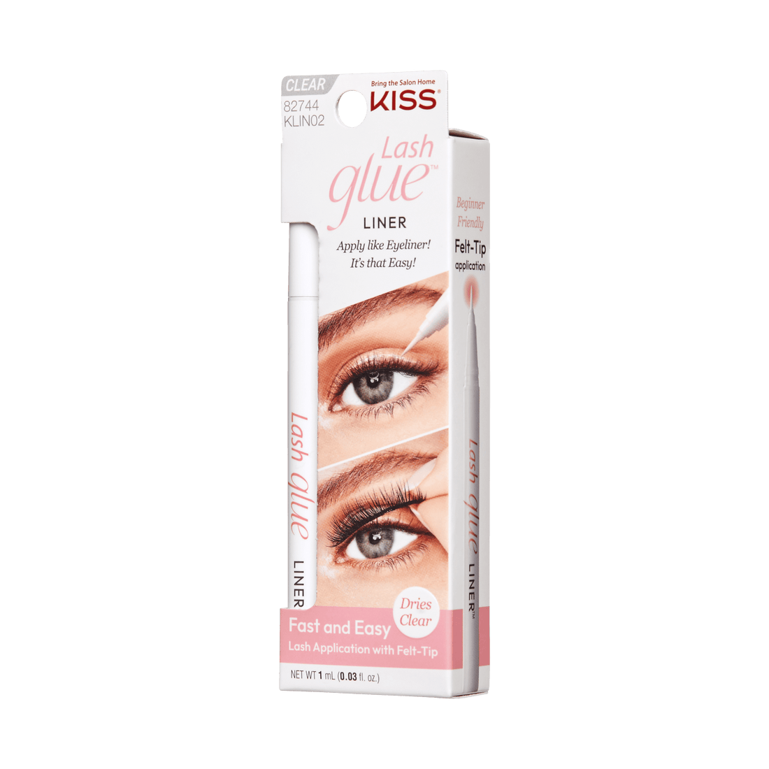 KISS Lash GLUEliner clear lash adhesive packaging showing white felt-tip applicator pen, eye close-ups demonstrating application, with text highlighting fast, easy, beginner-friendly use and dries clear.