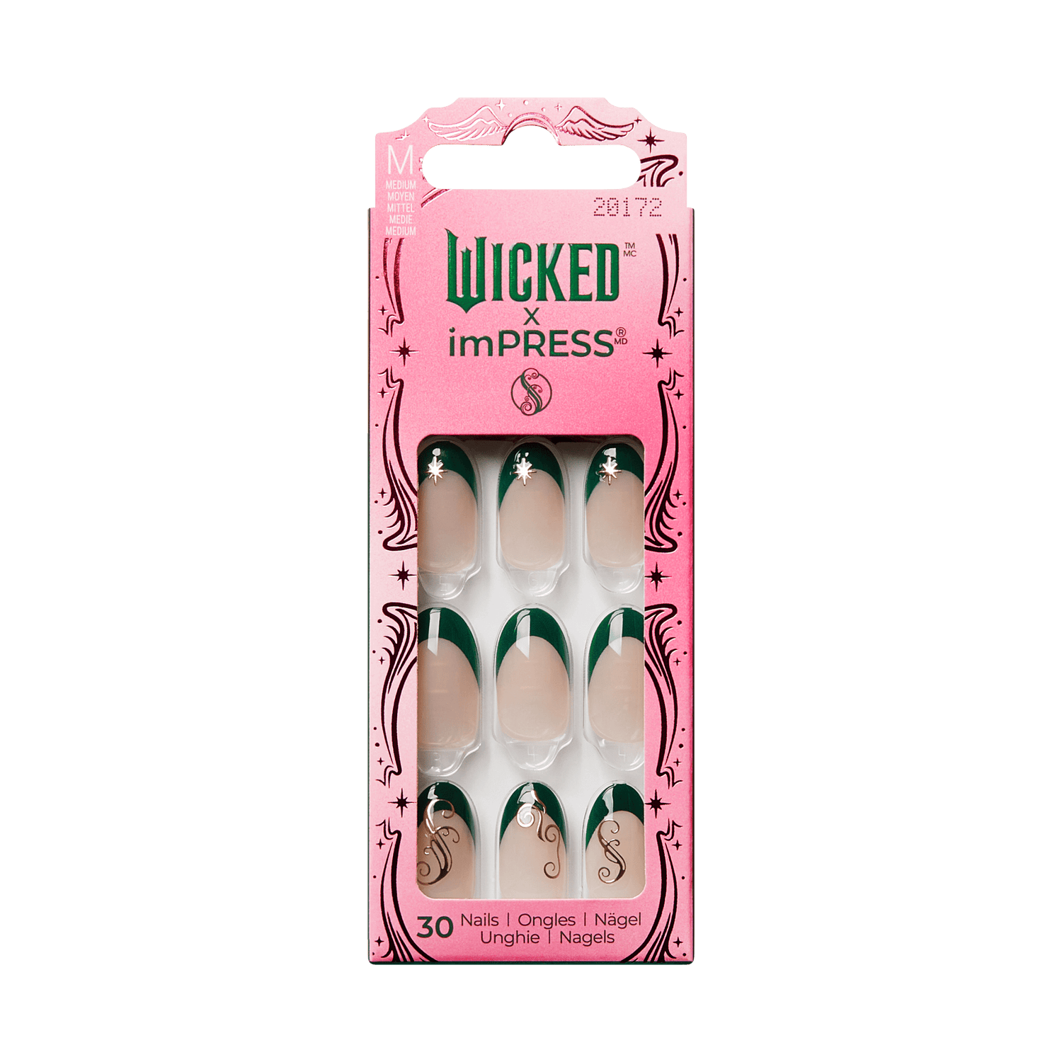 The image features a packaging for a set of press-on nails from the collaboration between Wicked and imPRESS. The package is predominantly pink and showcases a total of 30 nails. The nails have a natural nude base with a stylish green tip, giving them a chic and modern look. The design is playful, with decorative elements on the packaging that enhance its appeal. The product is designed for easy application, making it convenient for users looking to achieve a polished manicure at home.