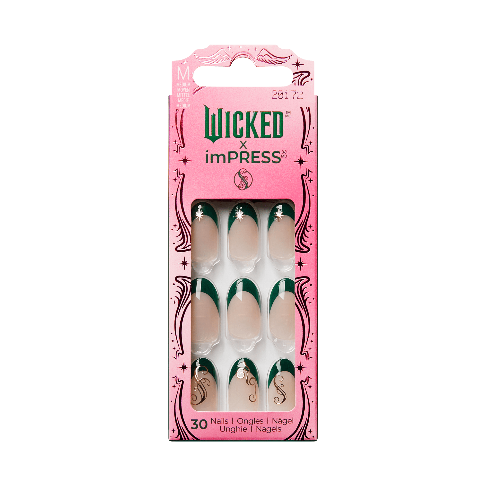 The image features a packaging for a set of press-on nails from the collaboration between Wicked and imPRESS. The package is predominantly pink and showcases a total of 30 nails. The nails have a natural nude base with a stylish green tip, giving them a chic and modern look. The design is playful, with decorative elements on the packaging that enhance its appeal. The product is designed for easy application, making it convenient for users looking to achieve a polished manicure at home.