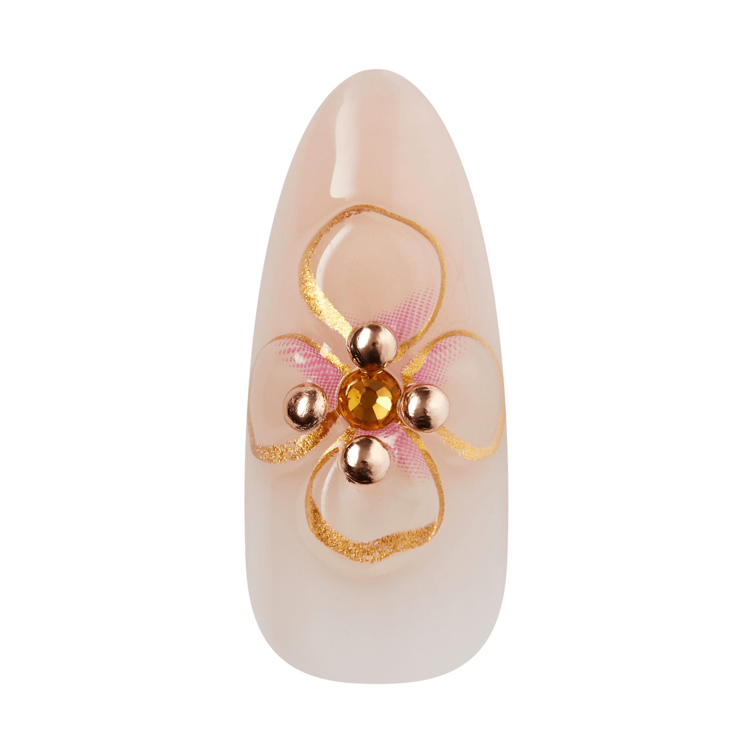 Almond-shaped nude nail with gold flower design and rose gold studs