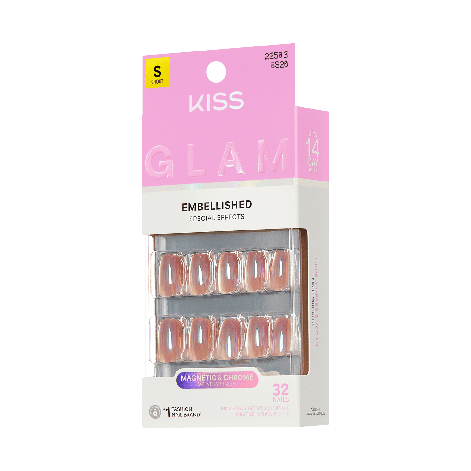 KISS Glam Embellished Short Nails, Magnetic &amp; Chrome, 32 Count