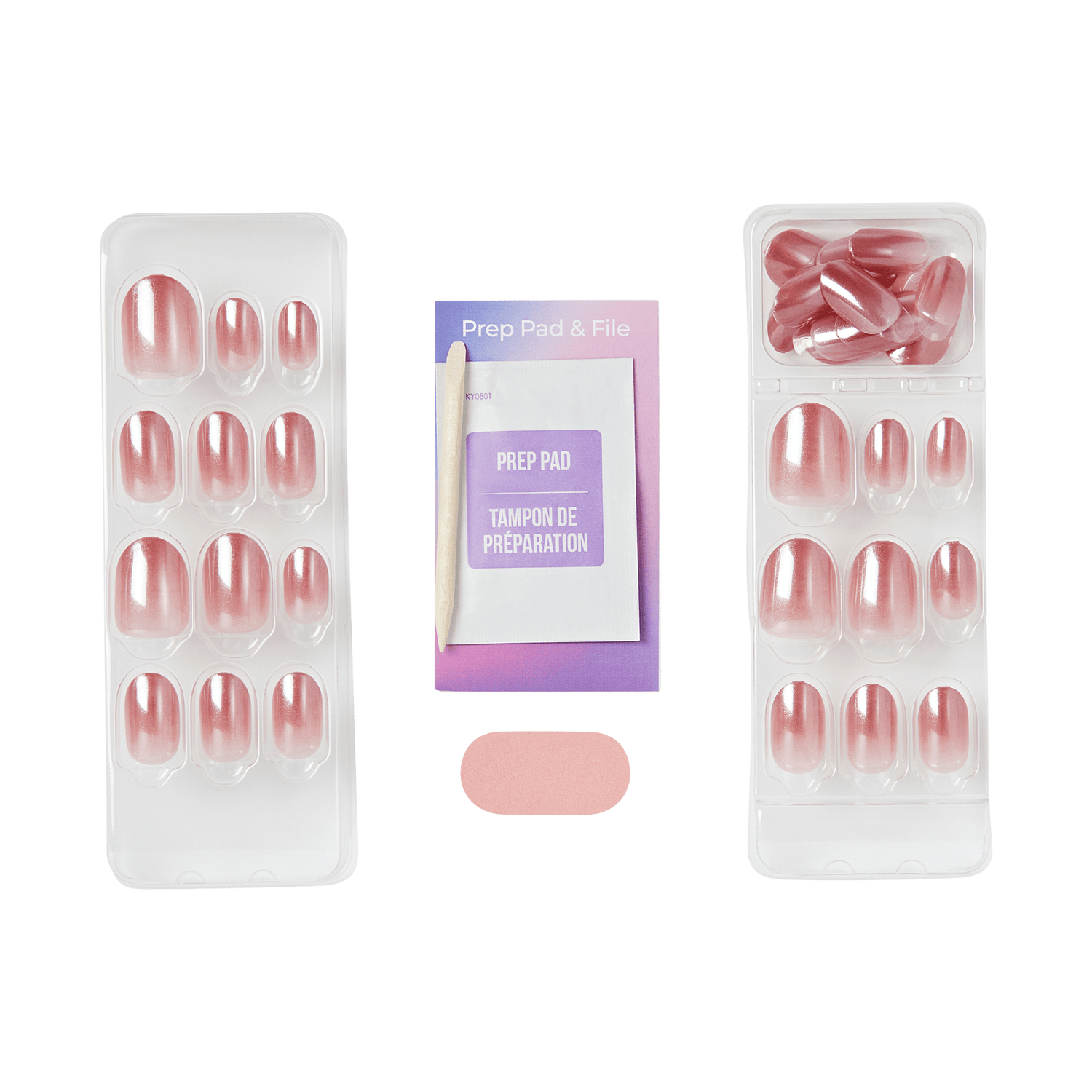 Press-on nail set with prep pad and file in pink ombre design