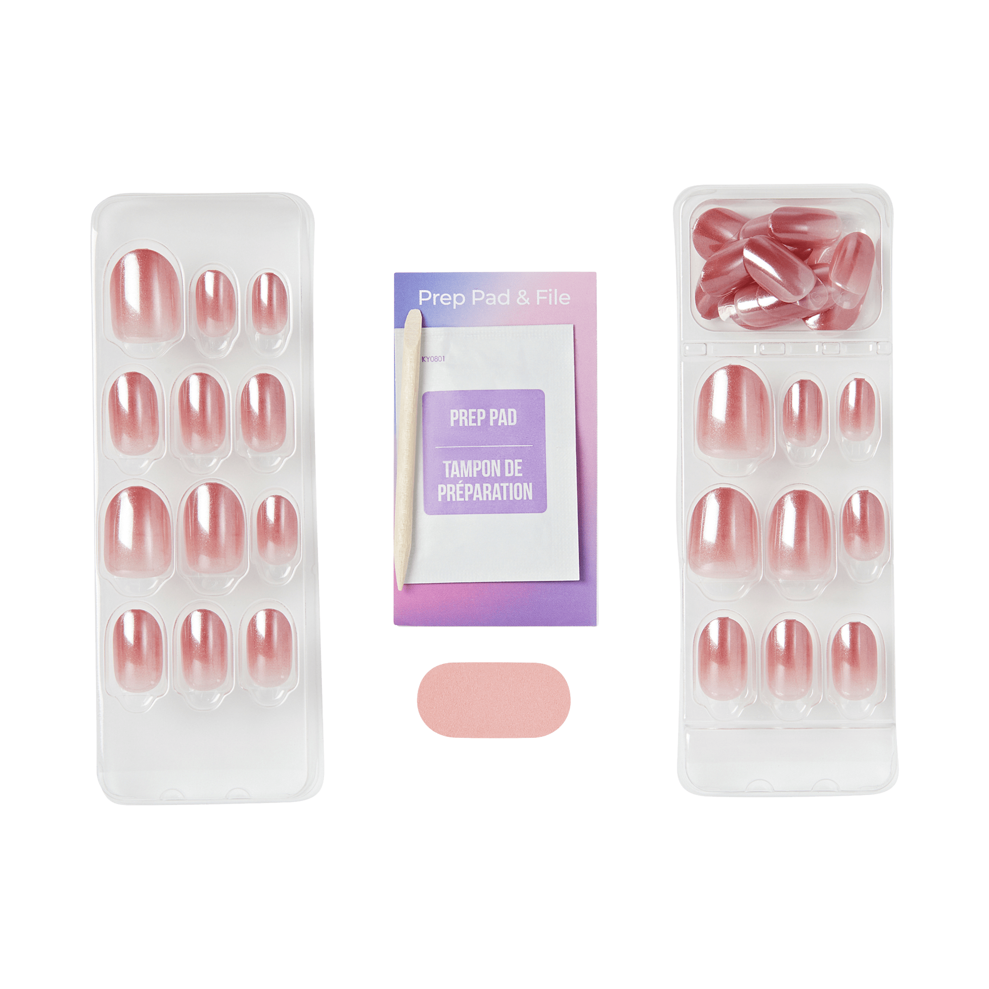 Press-on nail set with prep pad and file in pink ombre design