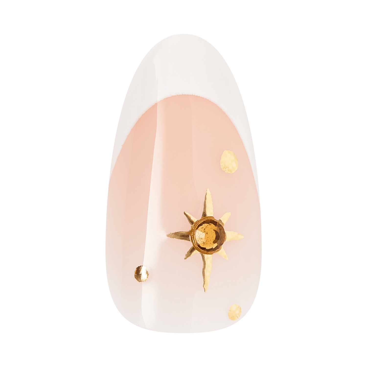 Almond nail design with white base, nude center, and gold sun and teardrop accents.