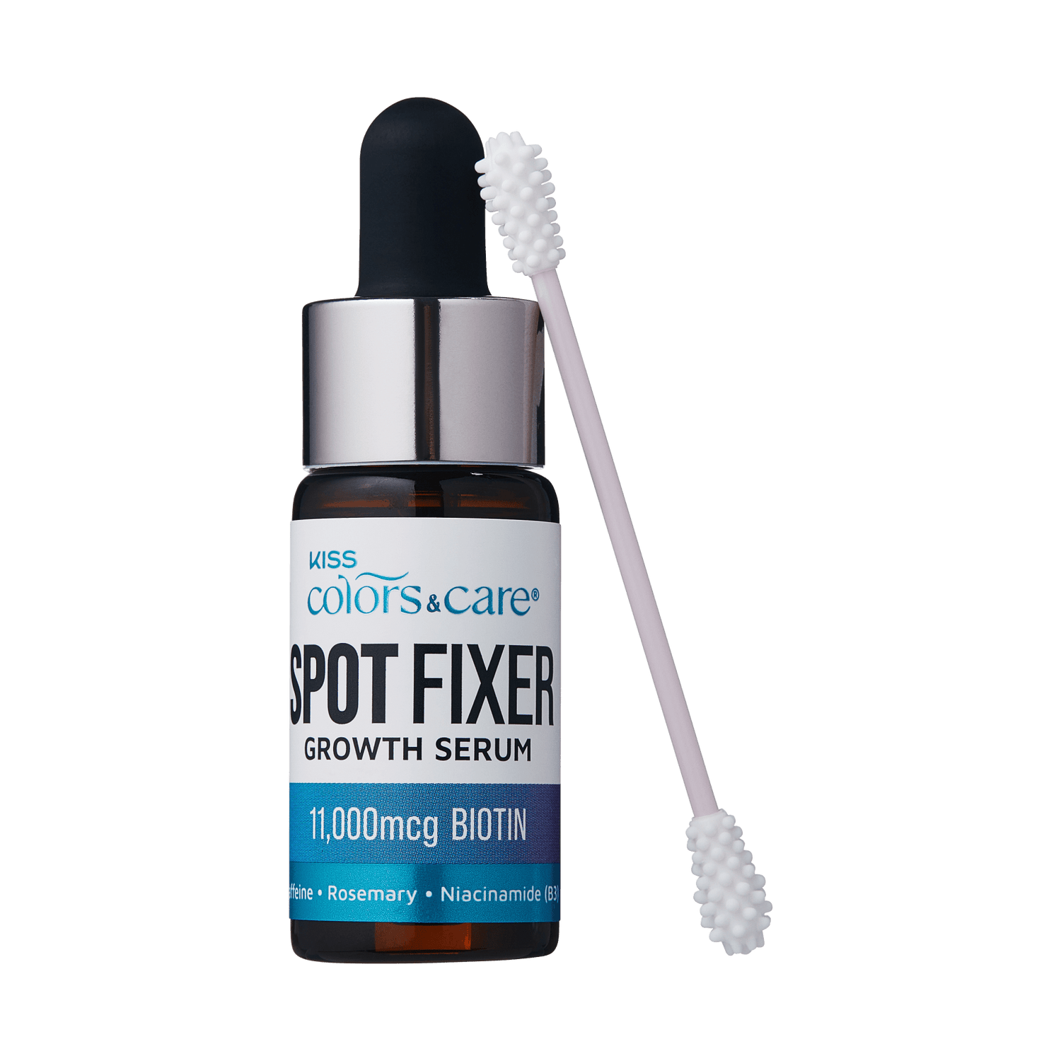 Small brown dropper bottle with silver cap labeled "Kiss Colors &amp; Care Spot Fixer Growth Serum" featuring 11,000 mcg Biotin, shown with a dual-ended white applicator brush.