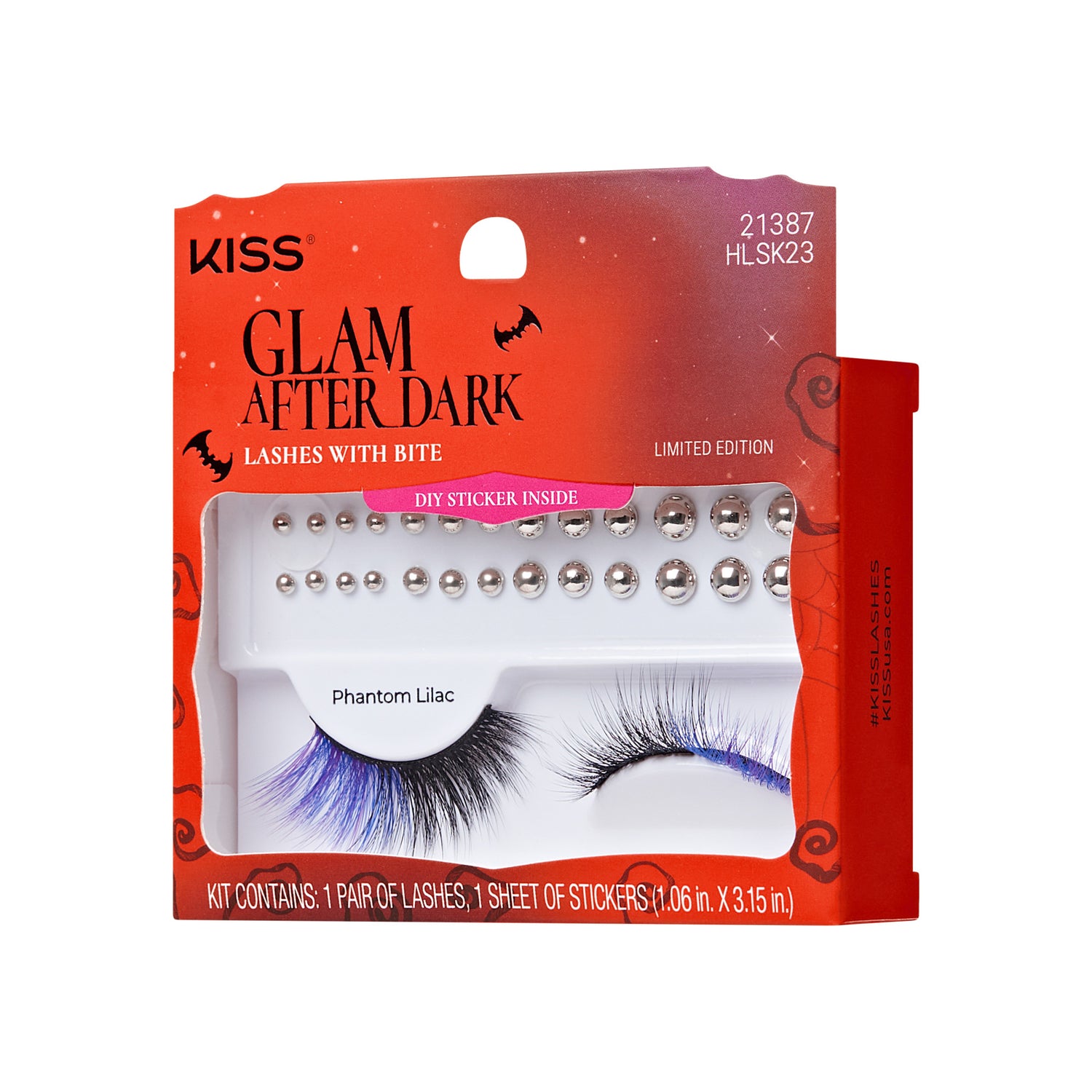 KISS Glam After Dark "Phantom Lilac" false lashes with purple-tipped strands and rhinestone stickers.