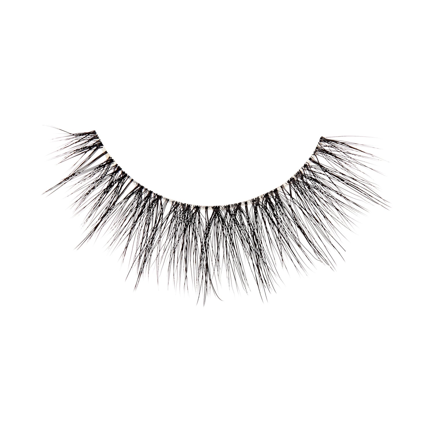 The image shows a single false eyelash. The eyelash is black and features a dense, voluminous design with varying lengths of individual lashes, creating a natural yet dramatic look. The lashes are arranged in a slightly curved shape to fit the natural contour of the eyelid. The base of the eyelash strip appears to be thin and flexible for easy application.