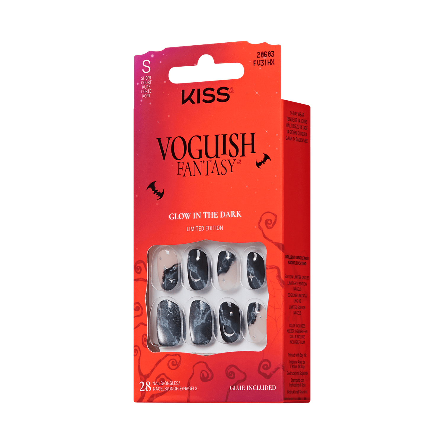 The image features a packaging for "KISS Voguish Fantasy" press-on nails. The design is vibrant, showcasing a limited edition set that glows in the dark. The package contains 28 nails in various sizes, with a striking black color and unique designs, likely featuring Halloween-themed motifs. The background is a gradient of red, enhancing the eye-catching appeal of the product. The packaging also indicates that glue is included for easy application.