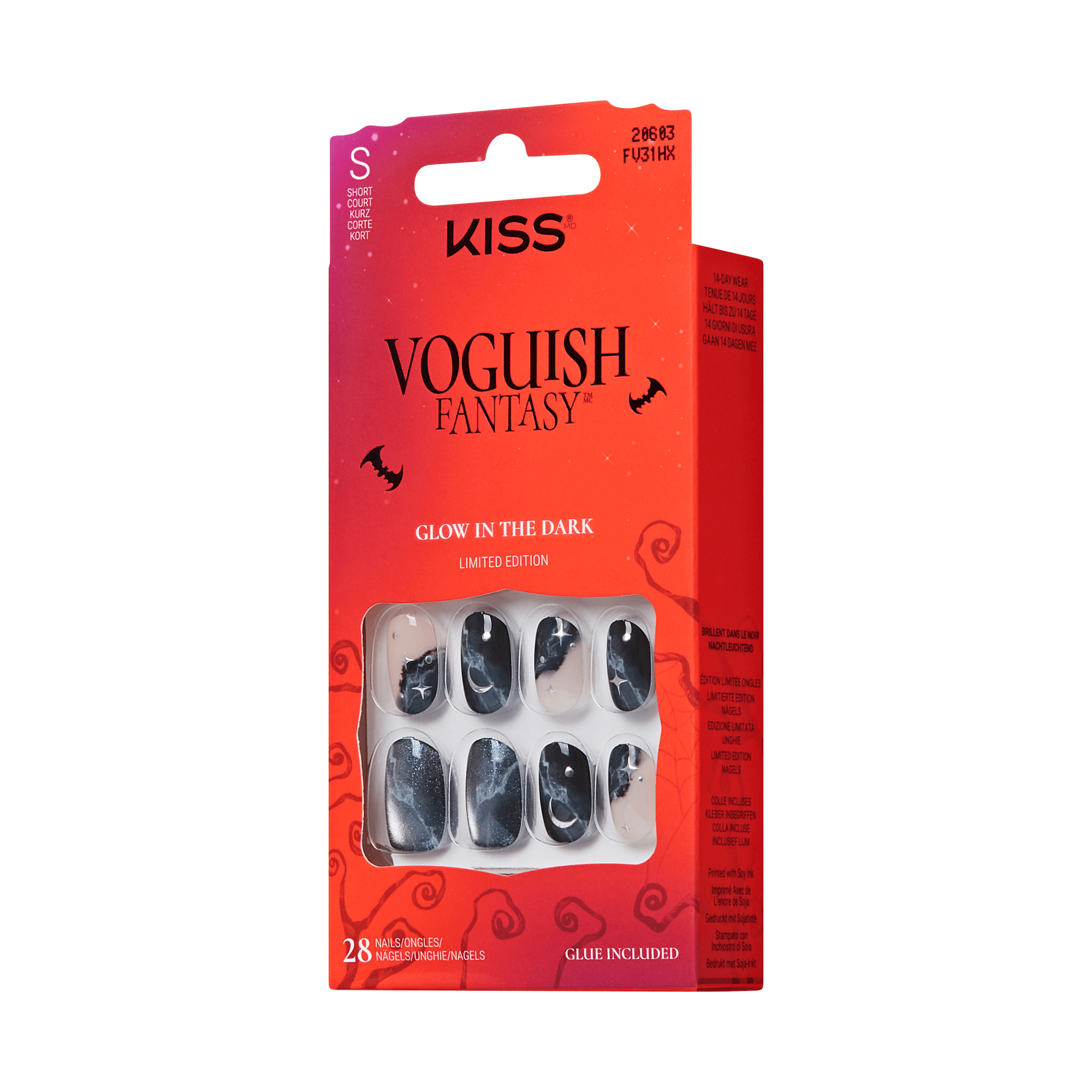 The image features a packaging for "KISS Voguish Fantasy" press-on nails. The design is vibrant, showcasing a limited edition set that glows in the dark. The package contains 28 nails in various sizes, with a striking black color and unique designs, likely featuring Halloween-themed motifs. The background is a gradient of red, enhancing the eye-catching appeal of the product. The packaging also indicates that glue is included for easy application.