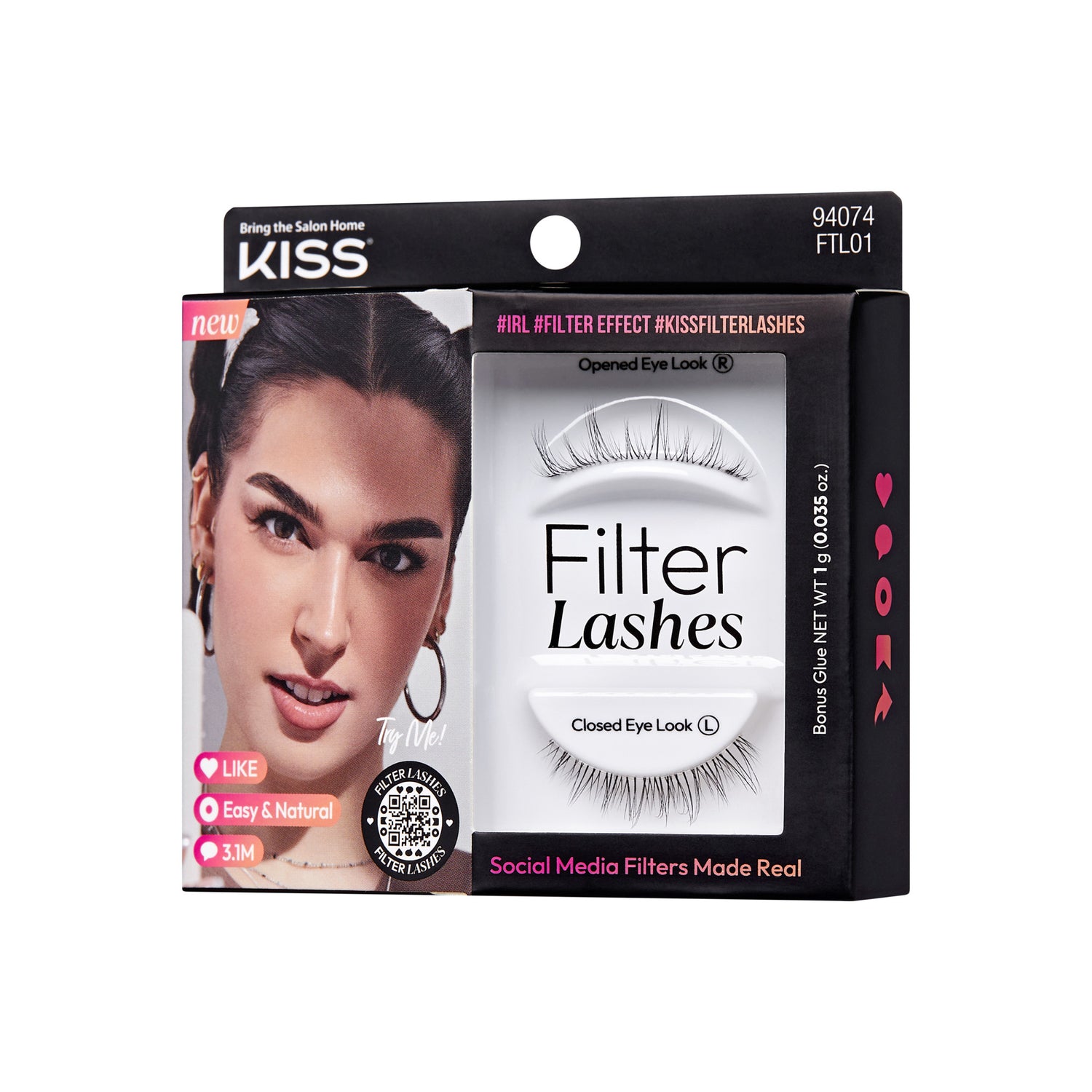 The image features a product packaging for "Filter Lashes" by KISS. The box showcases a model with a natural makeup look, highlighting the lashes. It includes two styles of lashes: one for an "Opened Eye Look" and another for a "Closed Eye Look." The packaging emphasizes the ease of use and natural appearance of the lashes, with text indicating that they are designed to create a social media-inspired effect. The overall design is modern and appealing, aimed at beauty enthusiasts.
