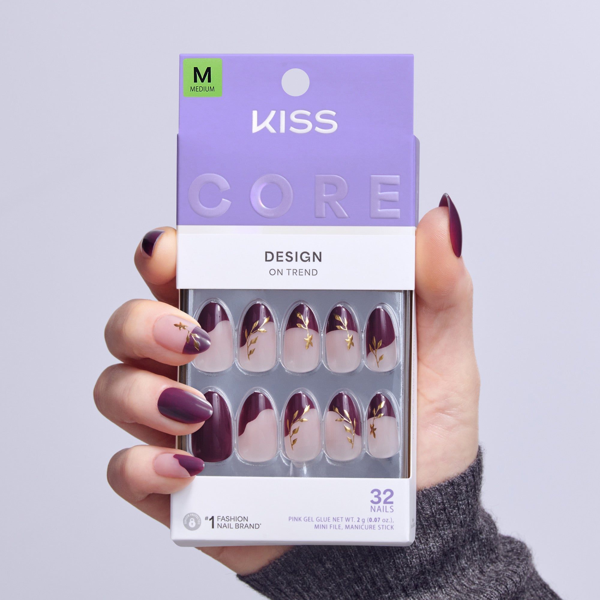 Kiss Core Design Press On Fake Glue Nails - Soft Glow | French Design, Purple, Medium, Almond