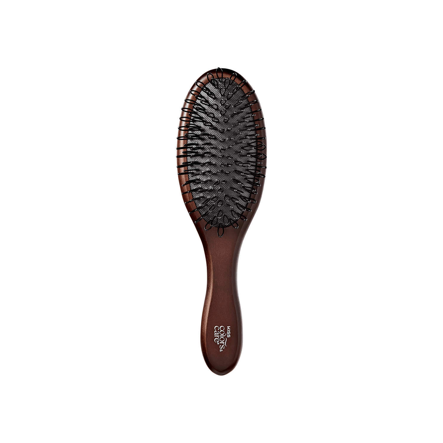 Wooden wig brush with dark brown handle and black cushioned bristles, branded "KISS Colors &amp; Care" on the handle.