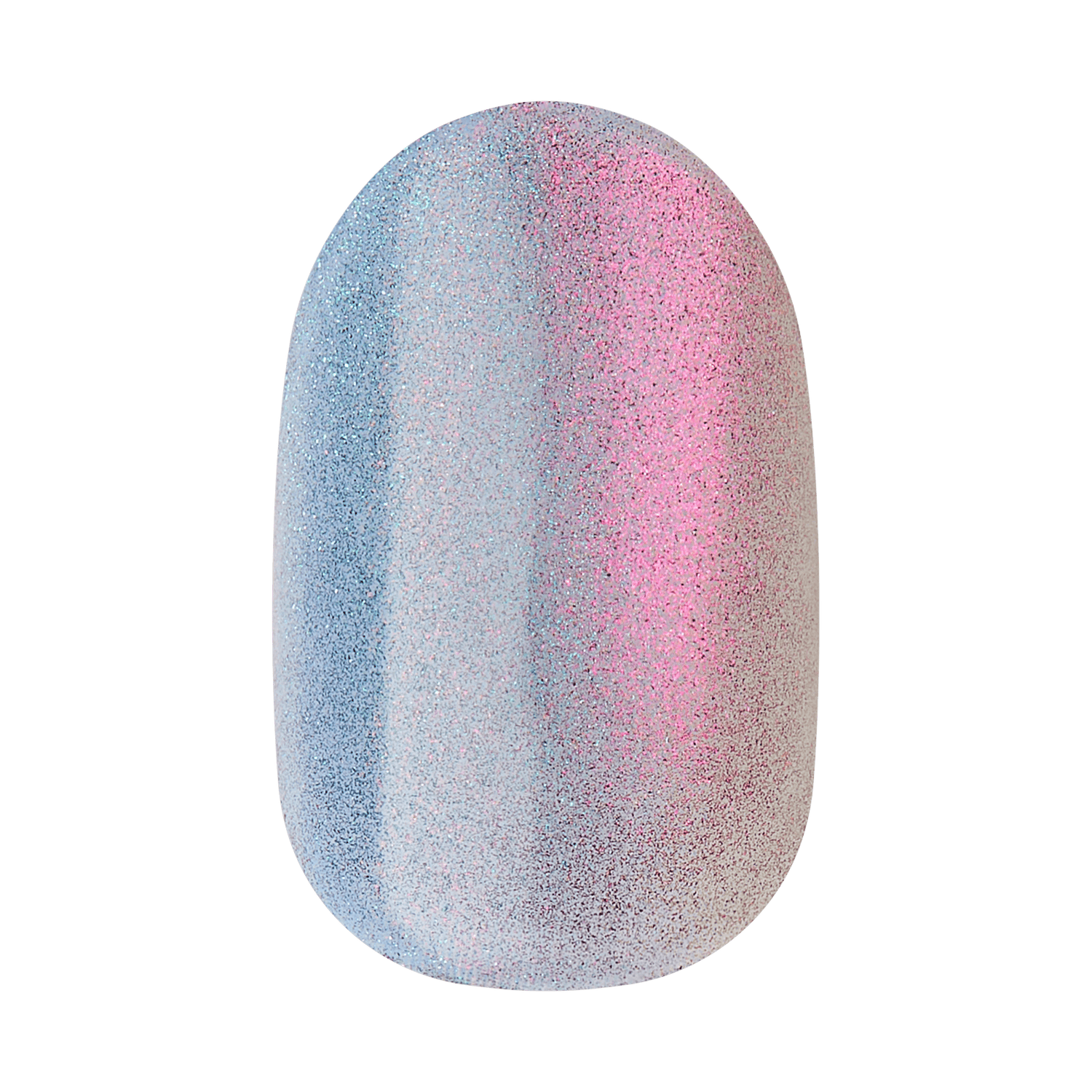 The image shows a single artificial nail with a gradient design. The nail features a smooth transition of colors, starting with a light blue on the left side, blending into a pink hue in the middle, and finishing with a light purple on the right side. The surface of the nail has a shimmery, glittery texture, giving it a sparkling appearance. The overall shape of the nail is oval with a rounded tip.