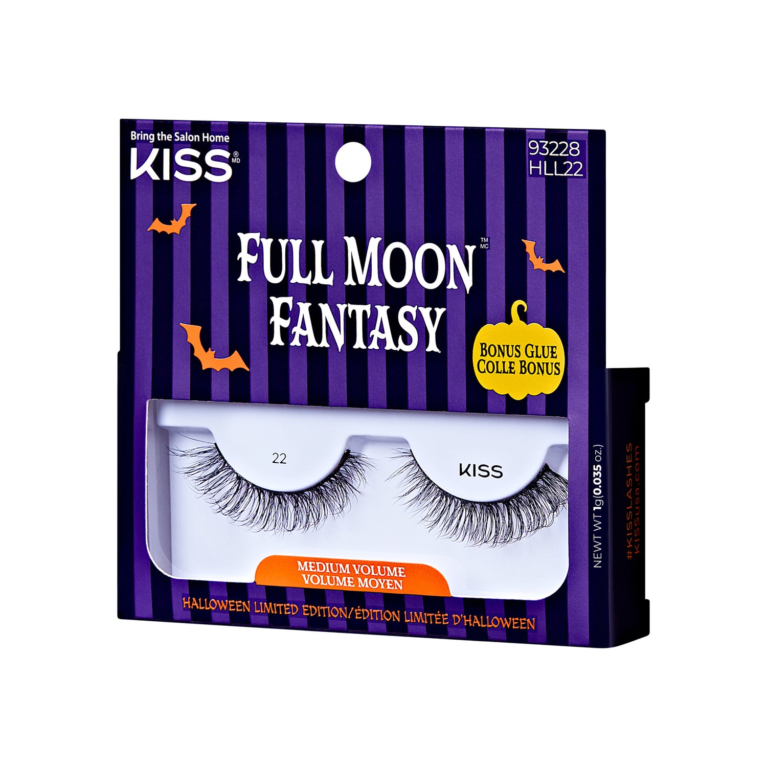 The image shows a package of false eyelashes from the brand "KISS." The product is named "Full Moon Fantasy" and is part of a Halloween limited edition. The packaging is predominantly purple with vertical black stripes and features Halloween-themed graphics such as bats and a pumpkin. The package includes a pair of medium volume false eyelashes, labeled as "22," and comes with a bonus glue. The product code "93228 HLL22" is also visible on the top right corner of the package.