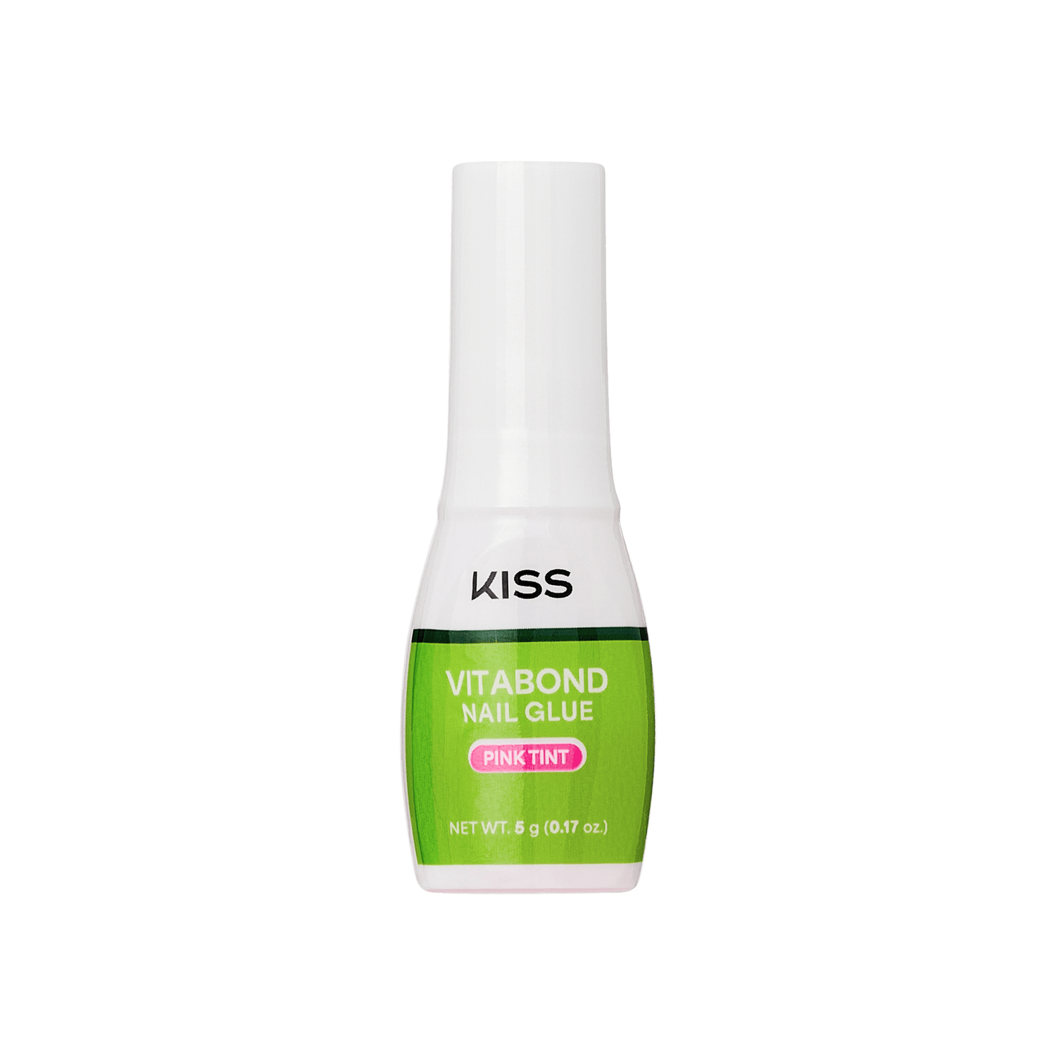 Small white bottle of KISS VitaBond Brush-On Nail Glue with a green label, featuring the text \